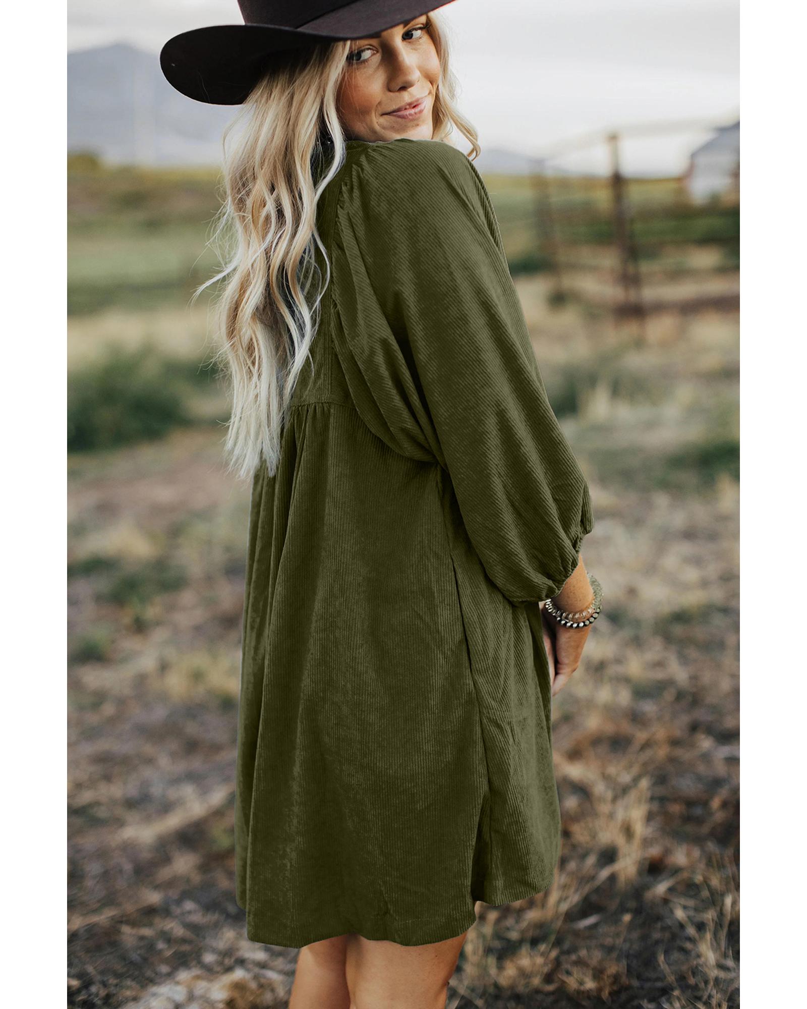 Vineyard Green Corduroy Snap Buttons Empire Waist Bracelet Sleeve Dress - S