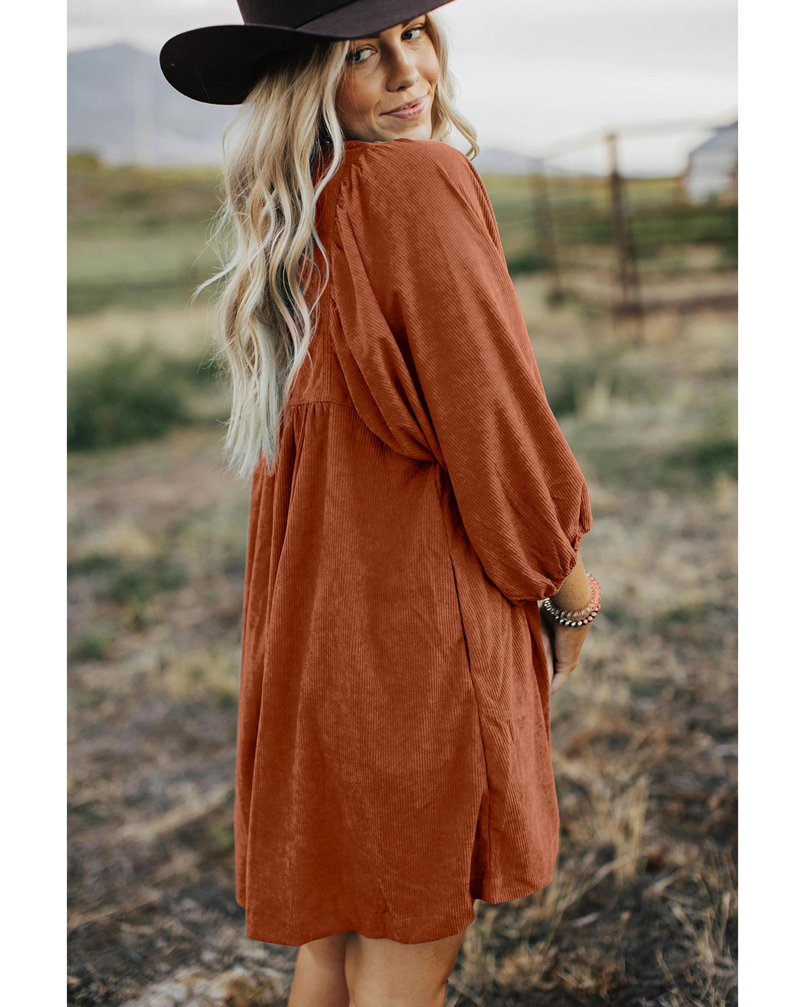 Gold Flame Corduroy Snap Buttons Empire Waist Bracelet Sleeve Dress - L
