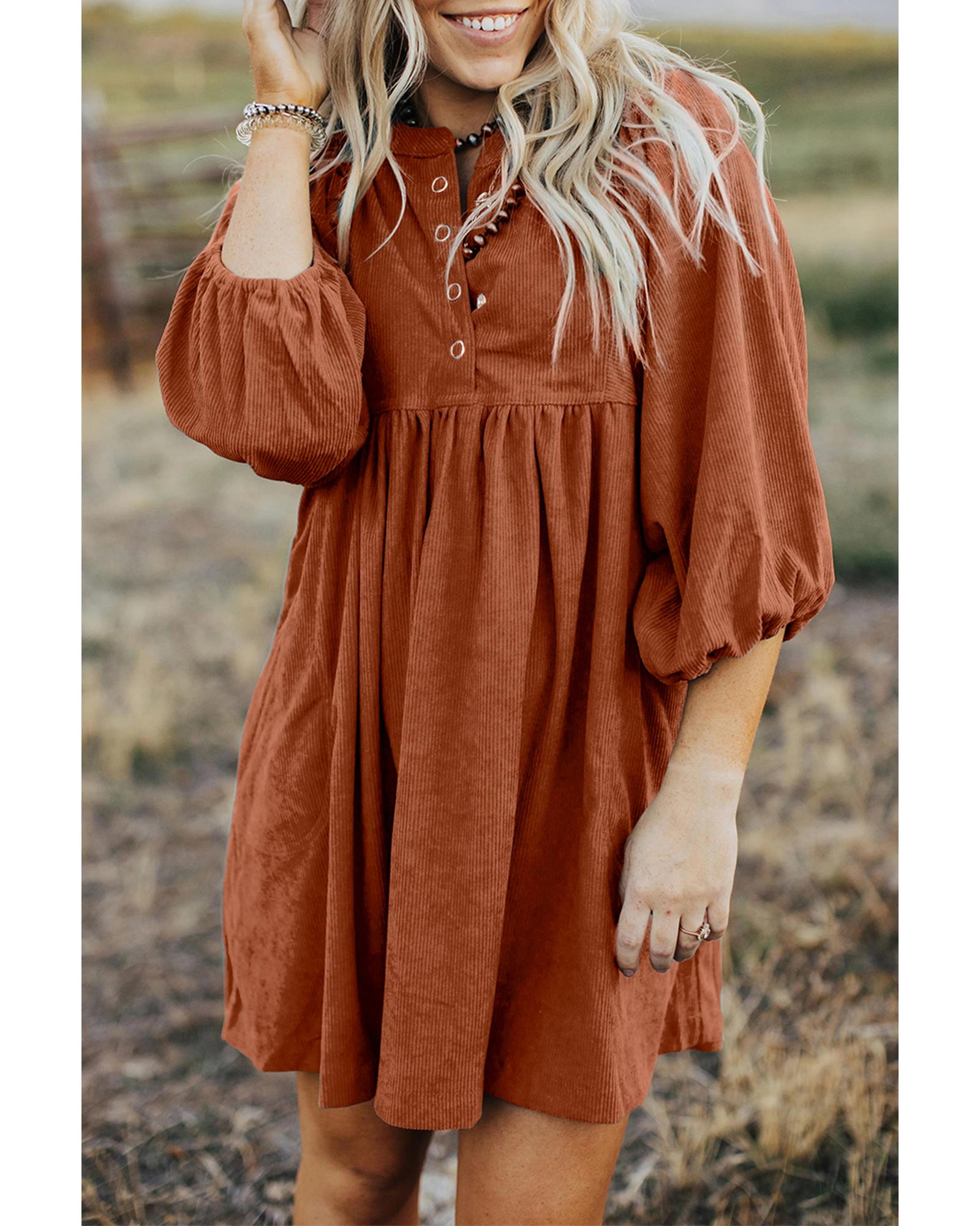 Gold Flame Corduroy Snap Buttons Empire Waist Bracelet Sleeve Dress - L