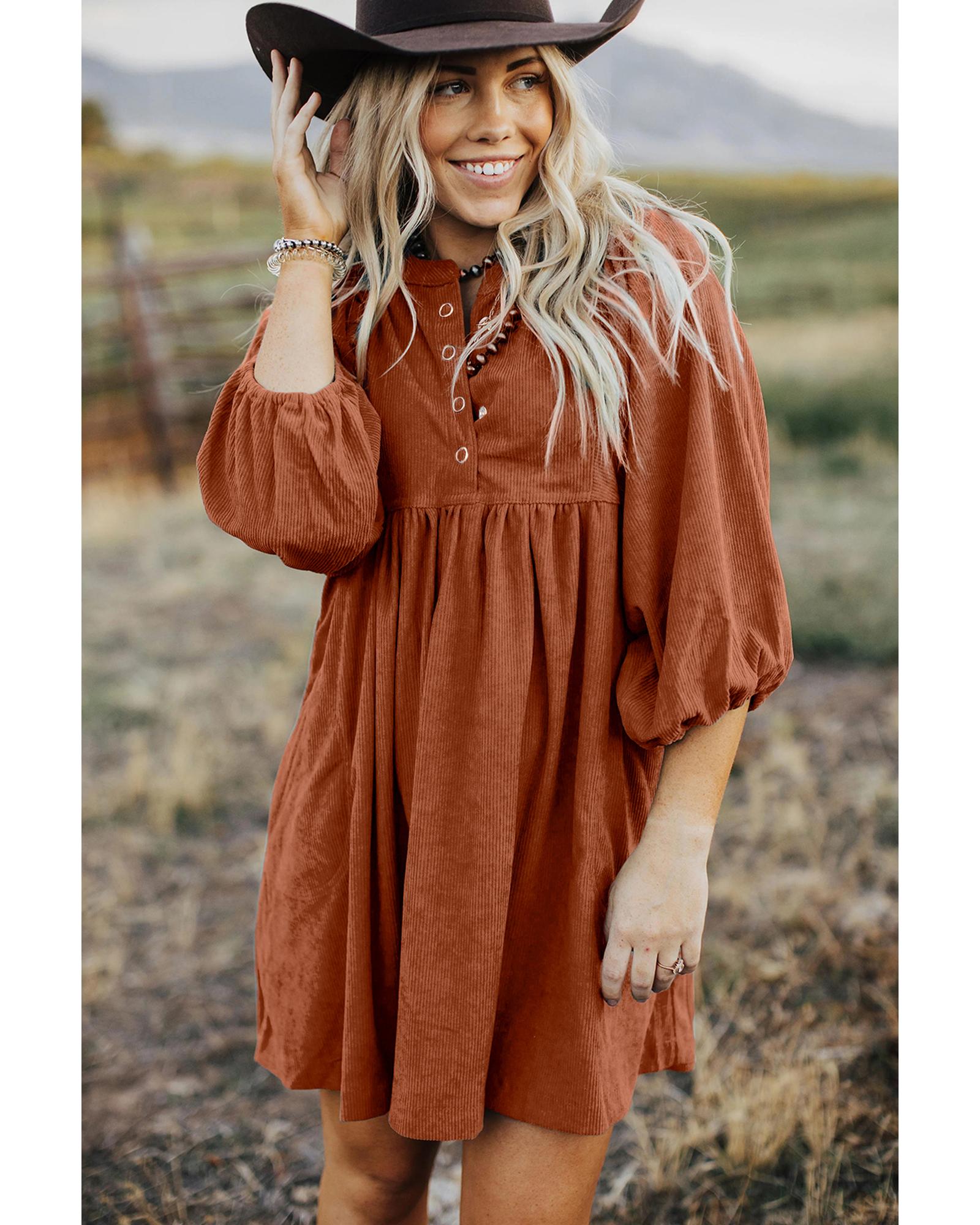 Gold Flame Corduroy Snap Buttons Empire Waist Bracelet Sleeve Dress - L