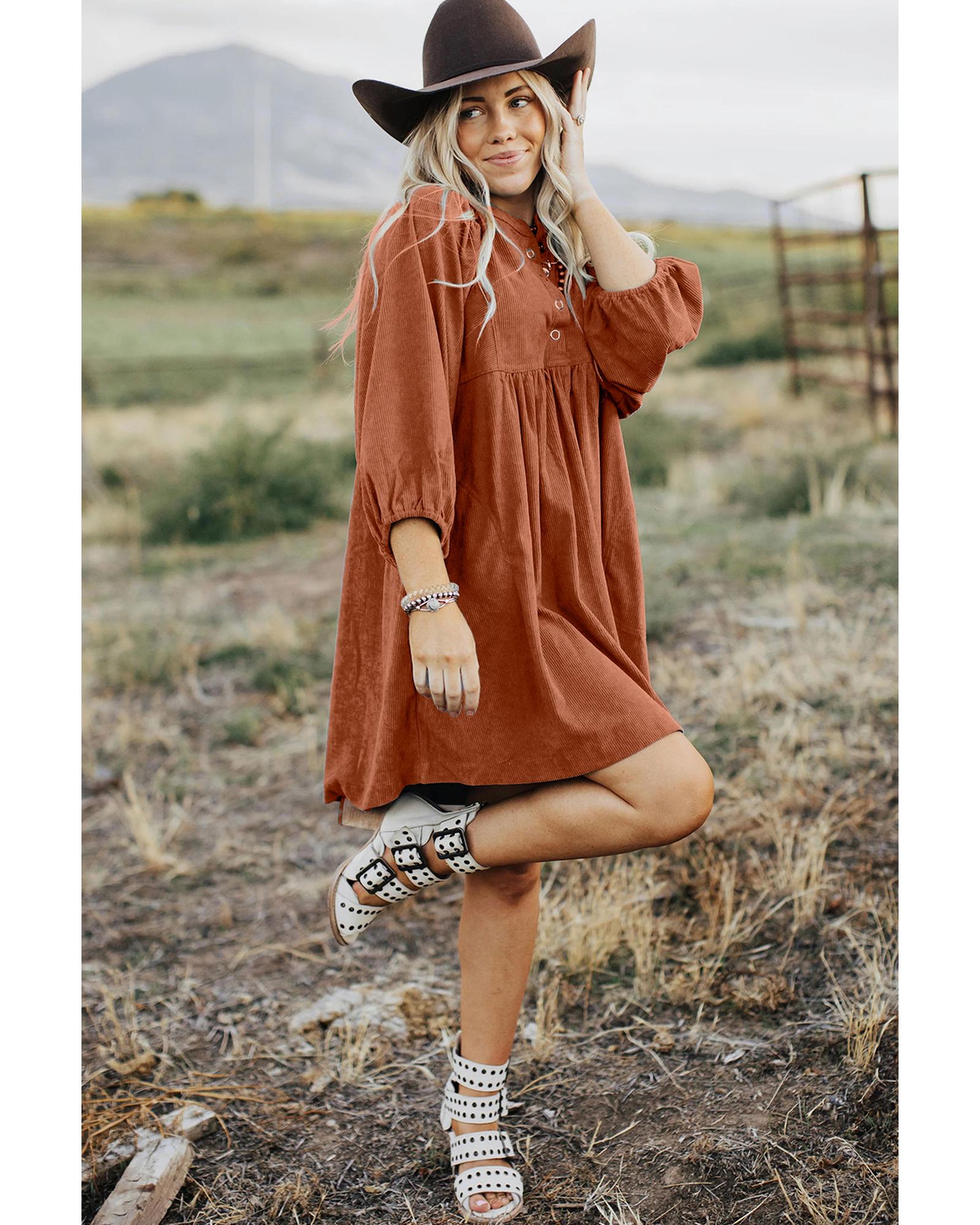 Gold Flame Corduroy Snap Buttons Empire Waist Bracelet Sleeve Dress - L