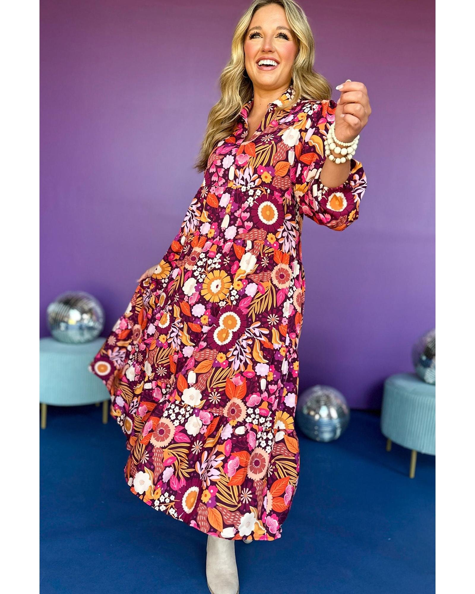 Purple Collared Tiered Flowy Long Dress - M