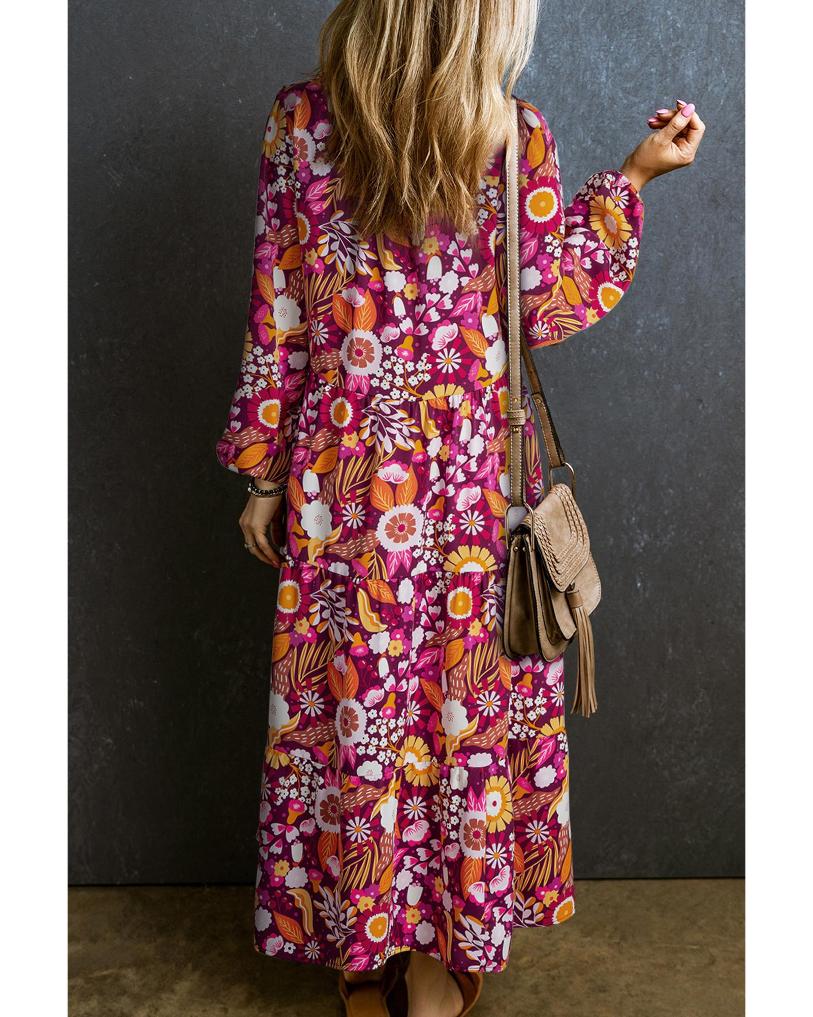 Purple Collared Tiered Flowy Long Dress - M