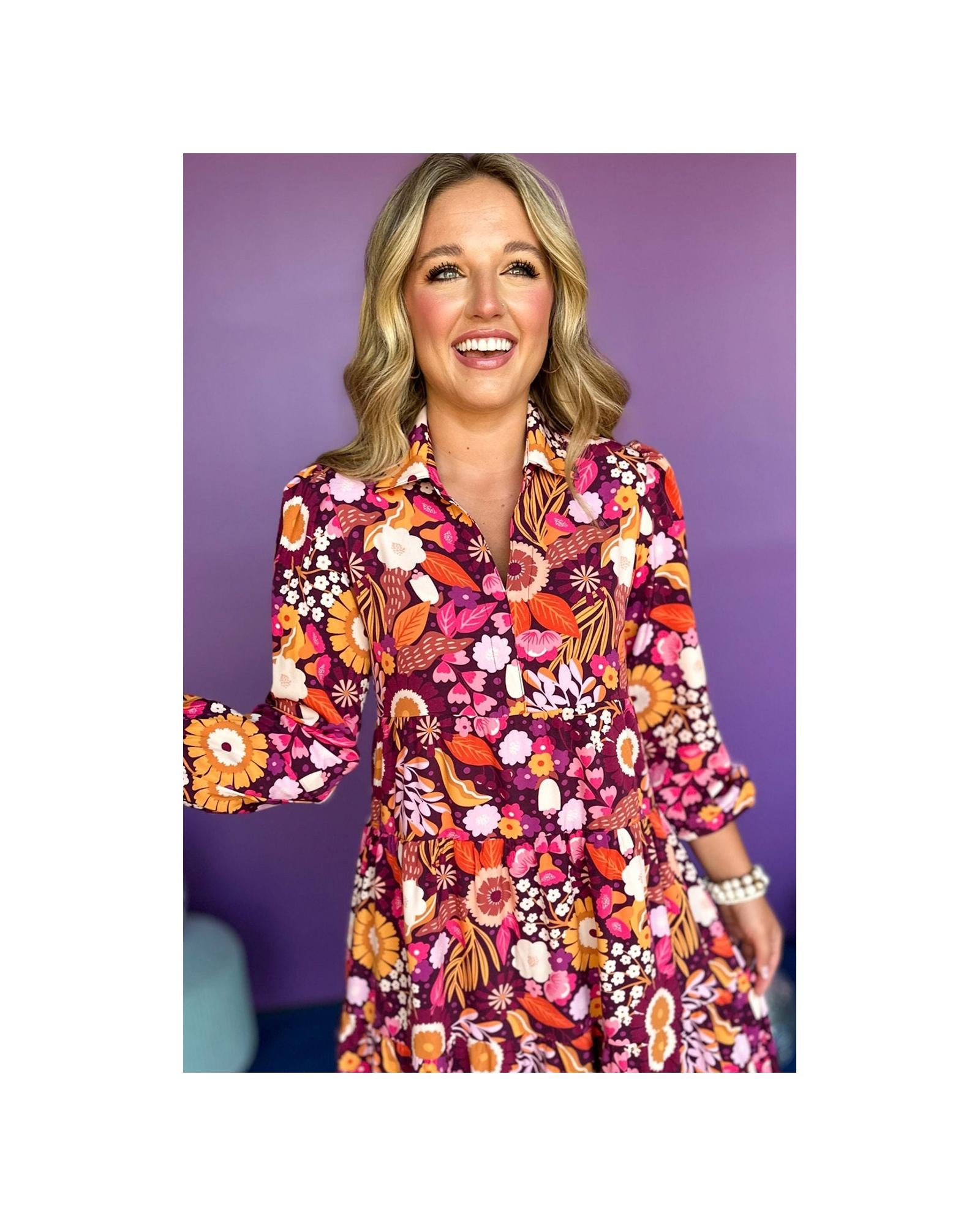 Purple Collared Tiered Flowy Long Dress - M
