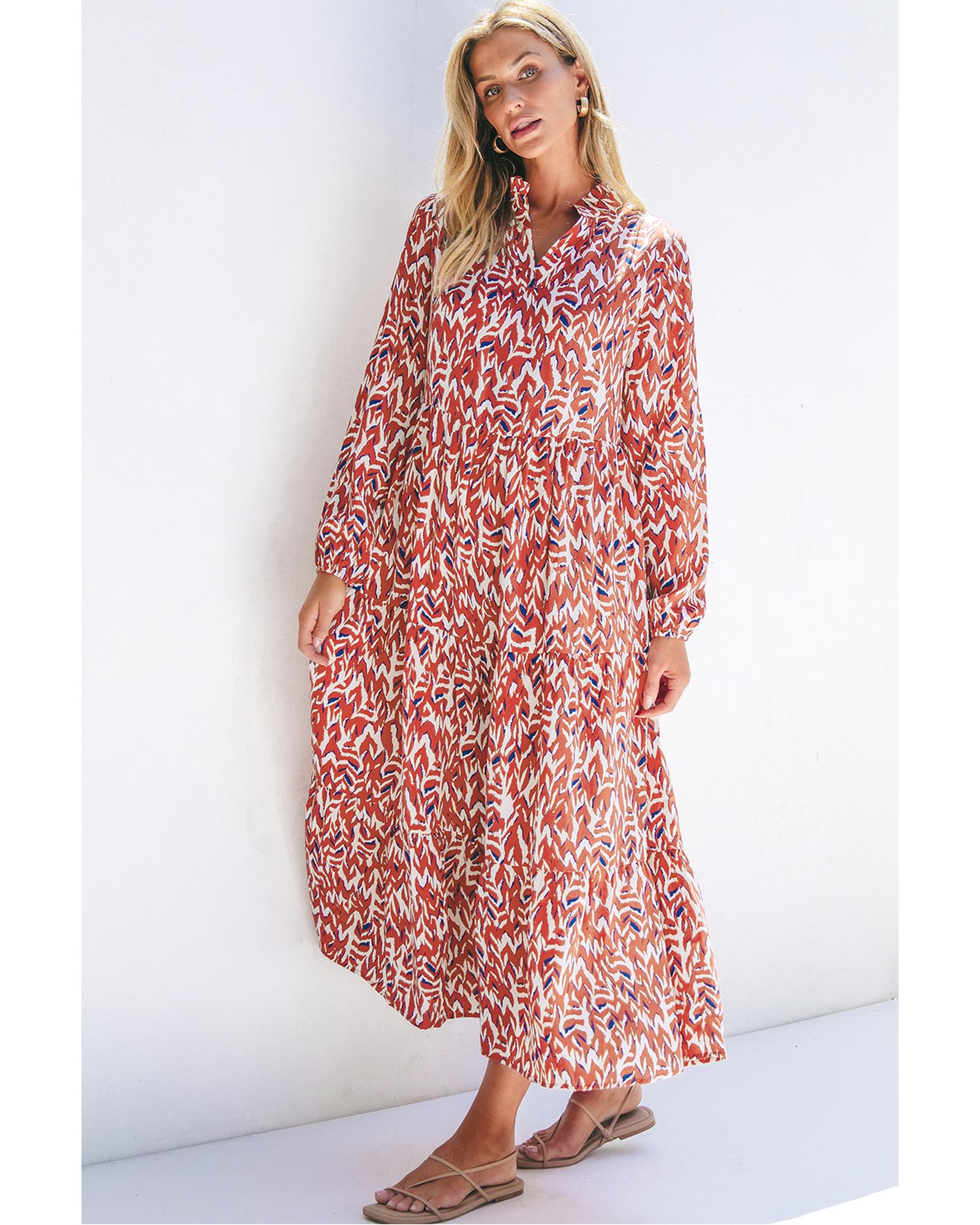 Orange Abstract Print V Neck Pleated High Waist Midi Dress - S