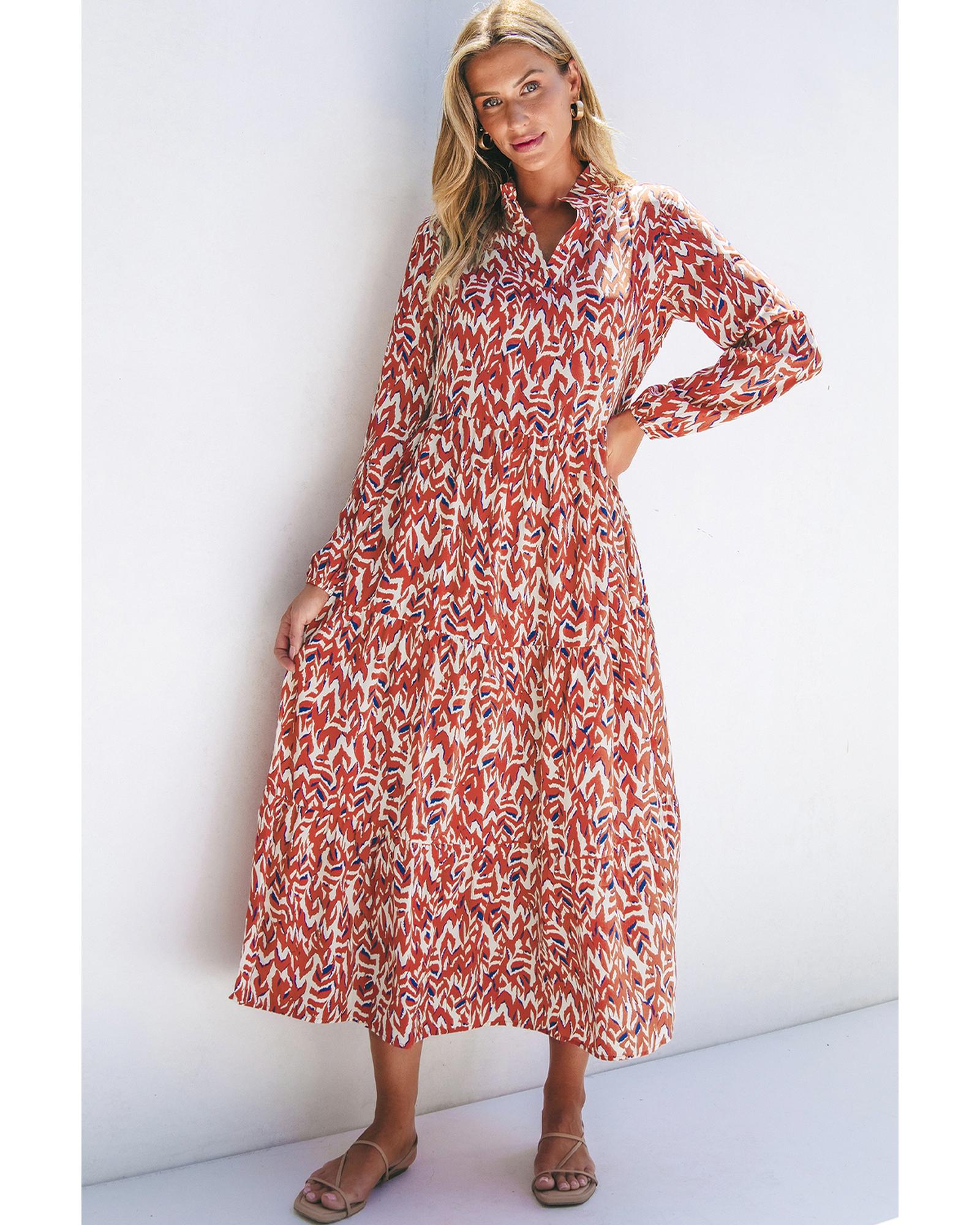 Orange Abstract Print V Neck Pleated High Waist Midi Dress - S