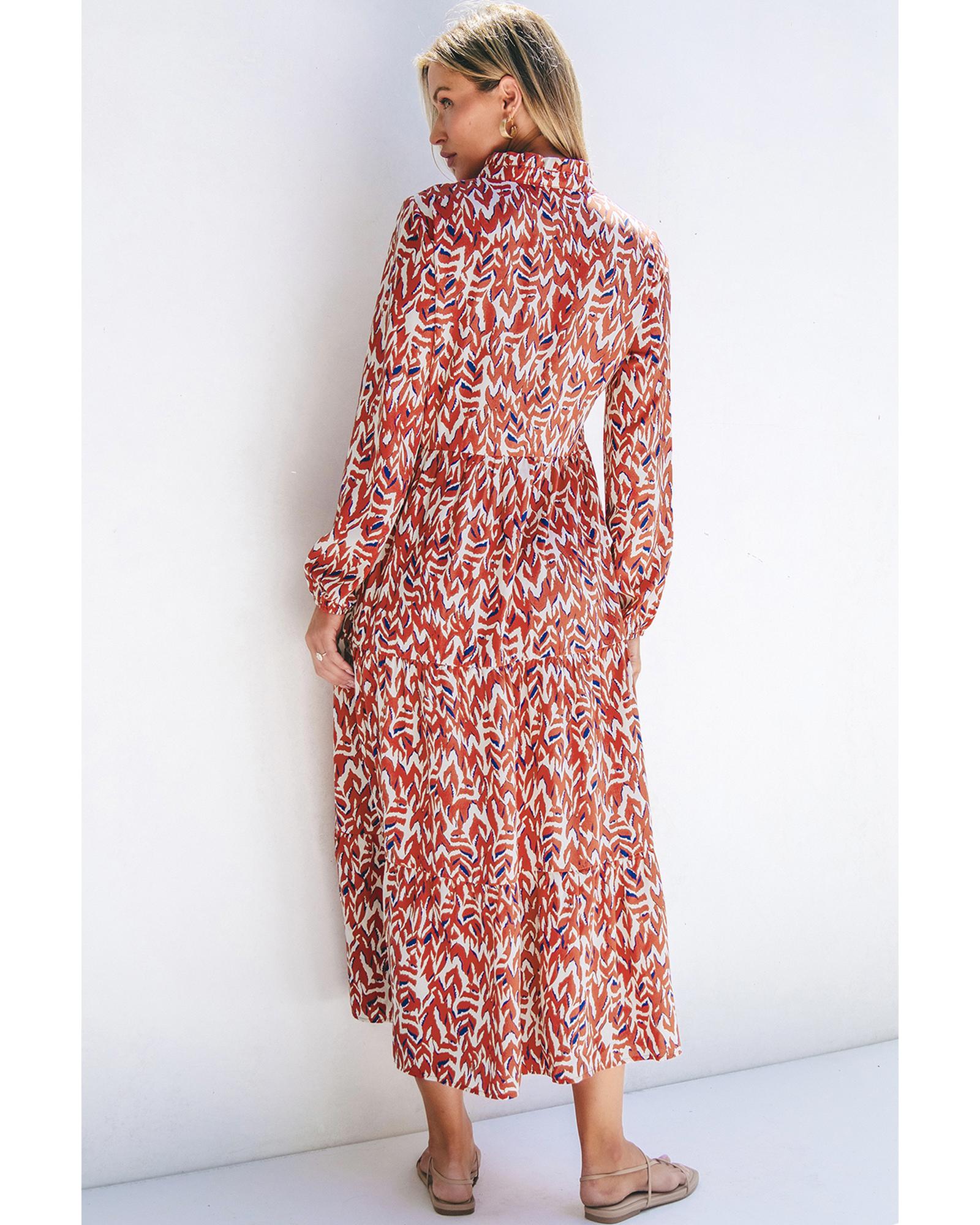Orange Abstract Print V Neck Pleated High Waist Midi Dress - S