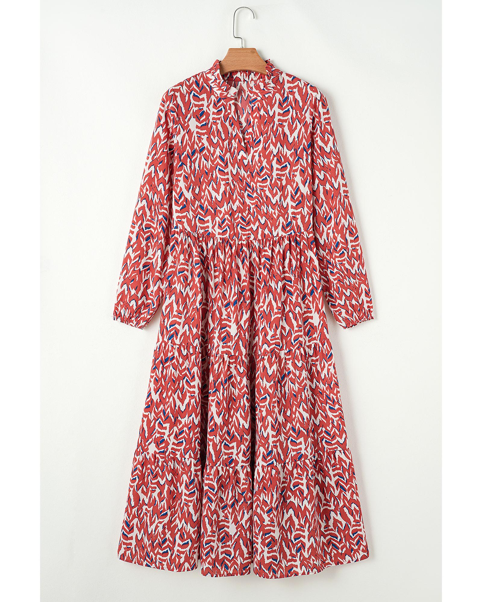 Orange Abstract Print V Neck Pleated High Waist Midi Dress - S