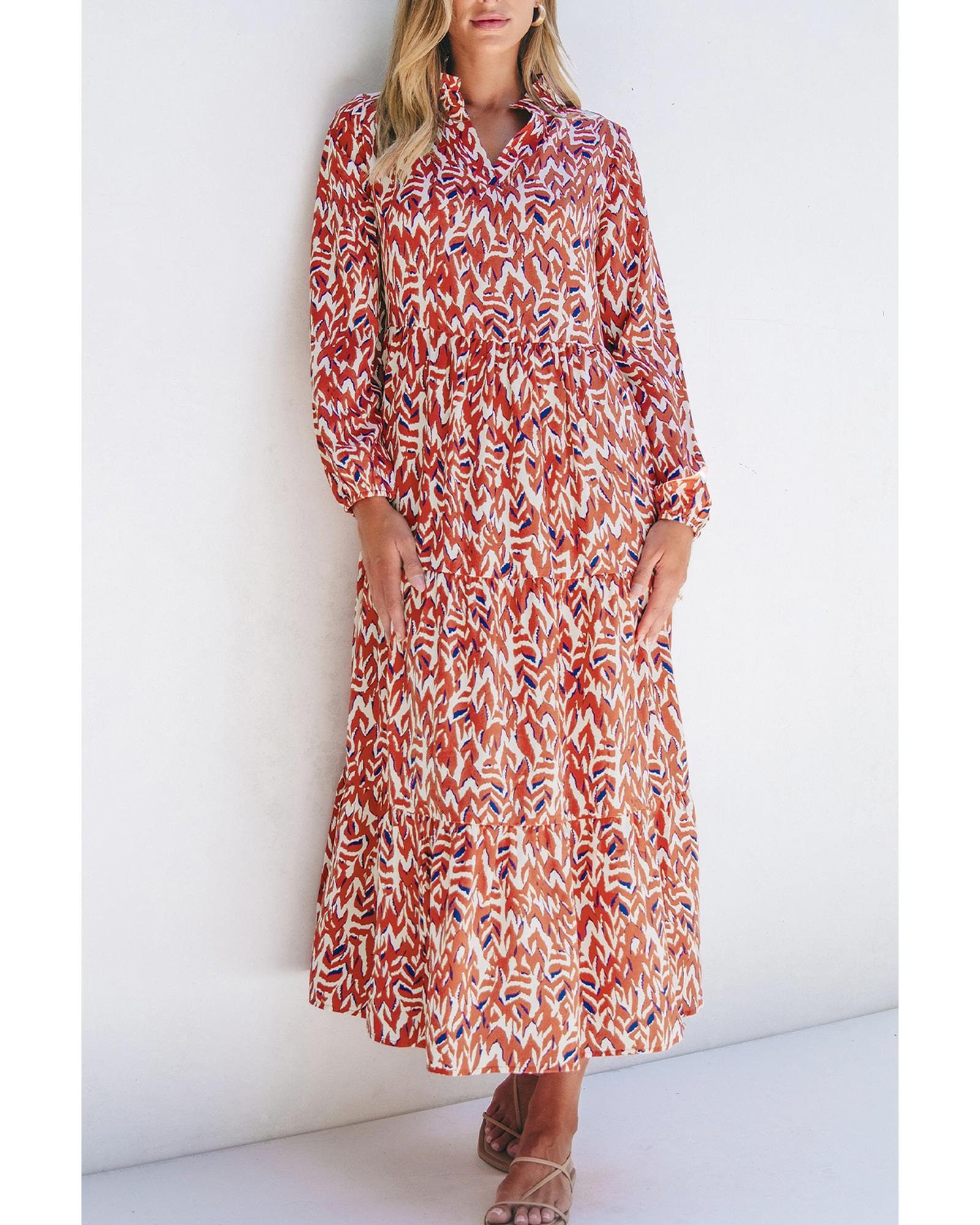 Orange Abstract Print V Neck Pleated High Waist Midi Dress - S