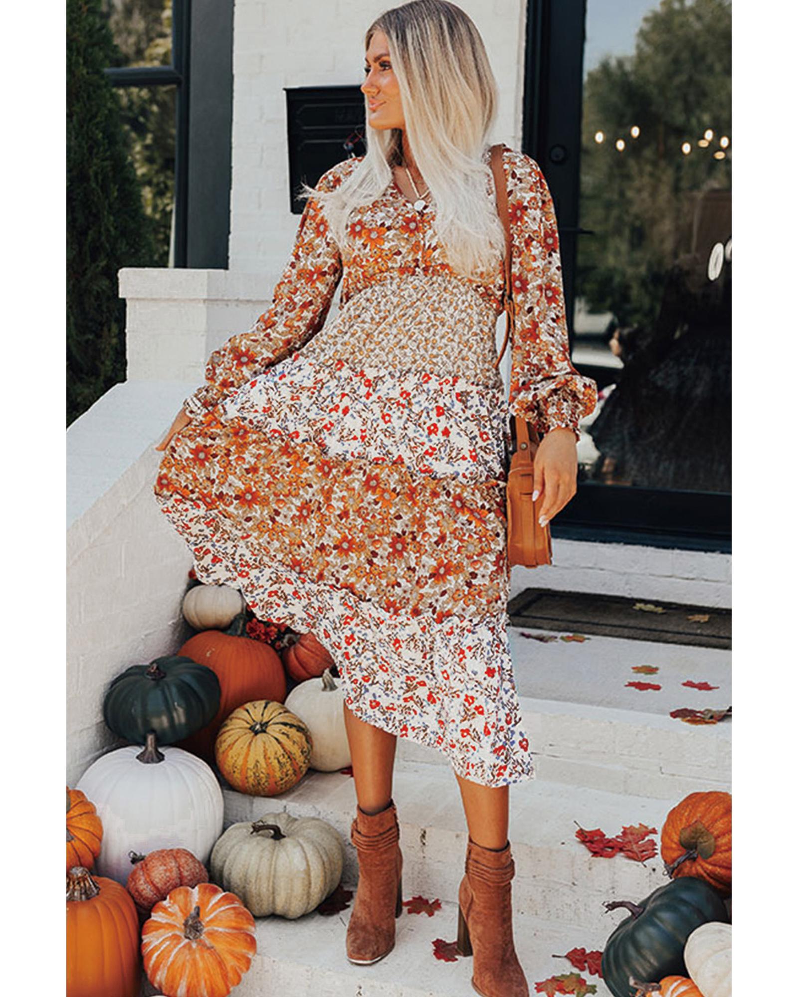 Khaki Floral Print Ruffled Tiered Long Sleeve V Neck Midi Dress - L