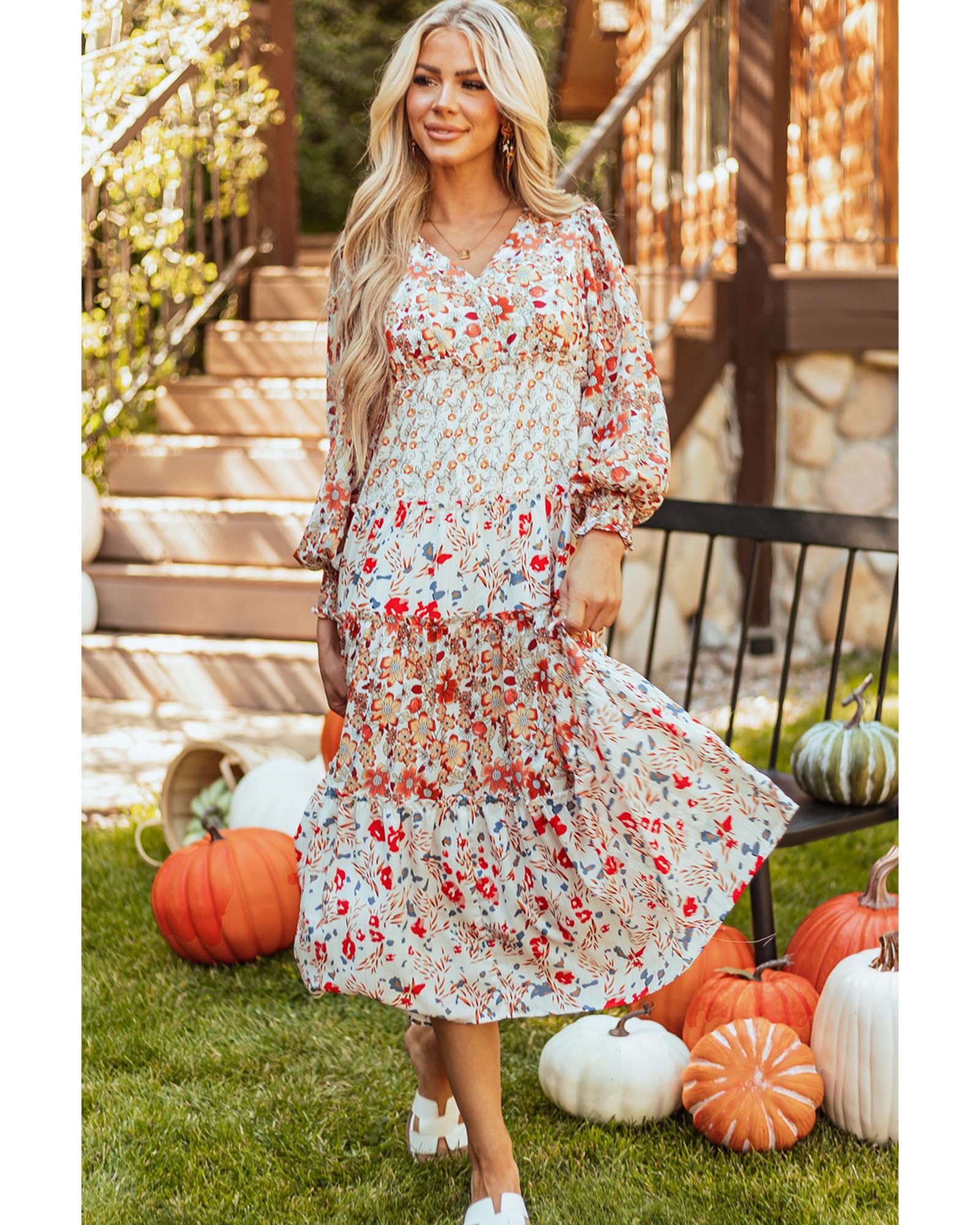 Khaki Floral Print Ruffled Tiered Long Sleeve V Neck Midi Dress - M