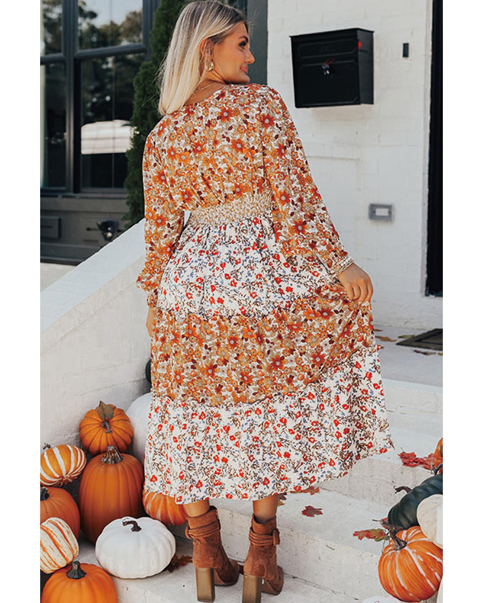 Khaki Floral Print Ruffled Tiered Long Sleeve V Neck Midi Dress - M