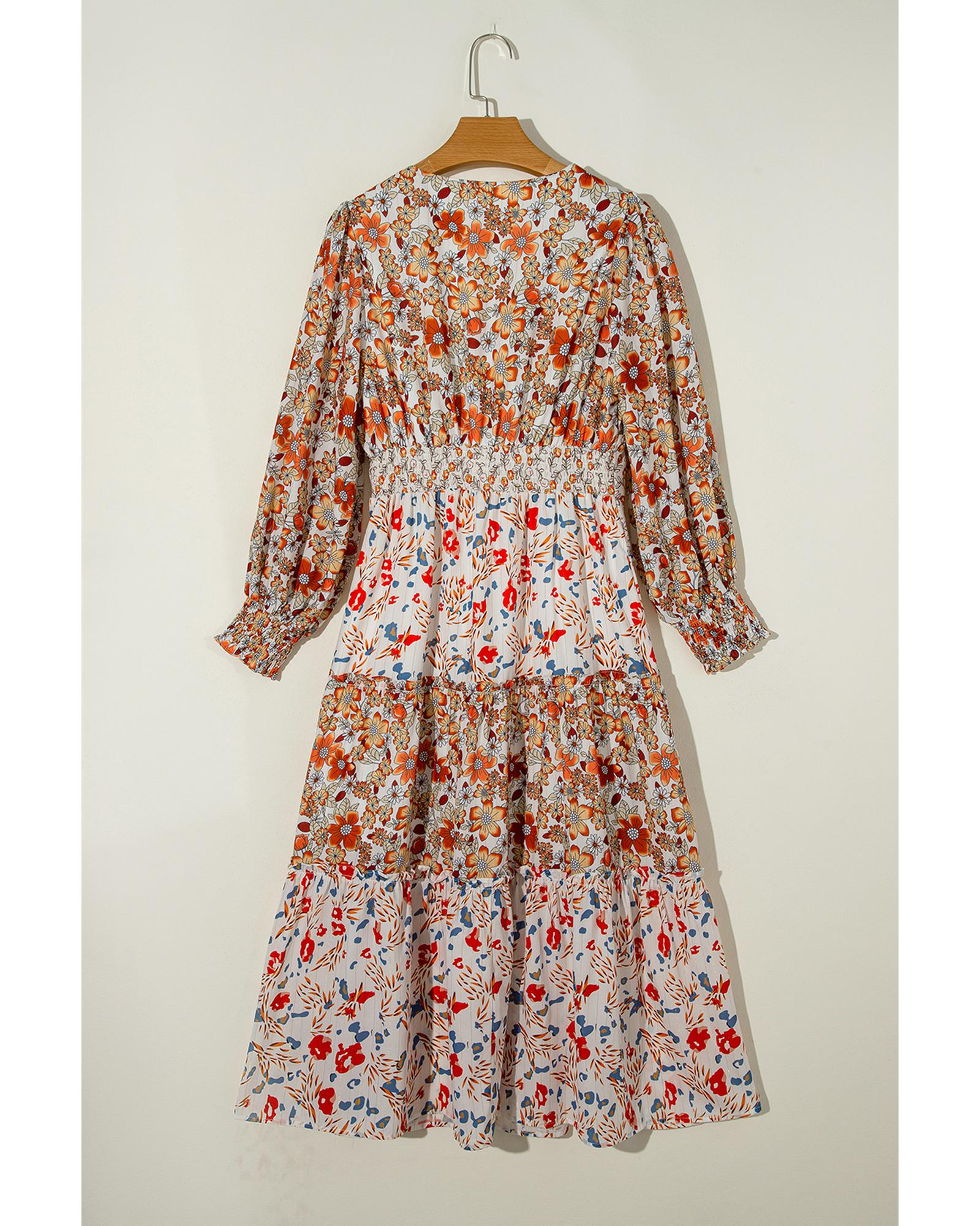 Khaki Floral Print Ruffled Tiered Long Sleeve V Neck Midi Dress - M