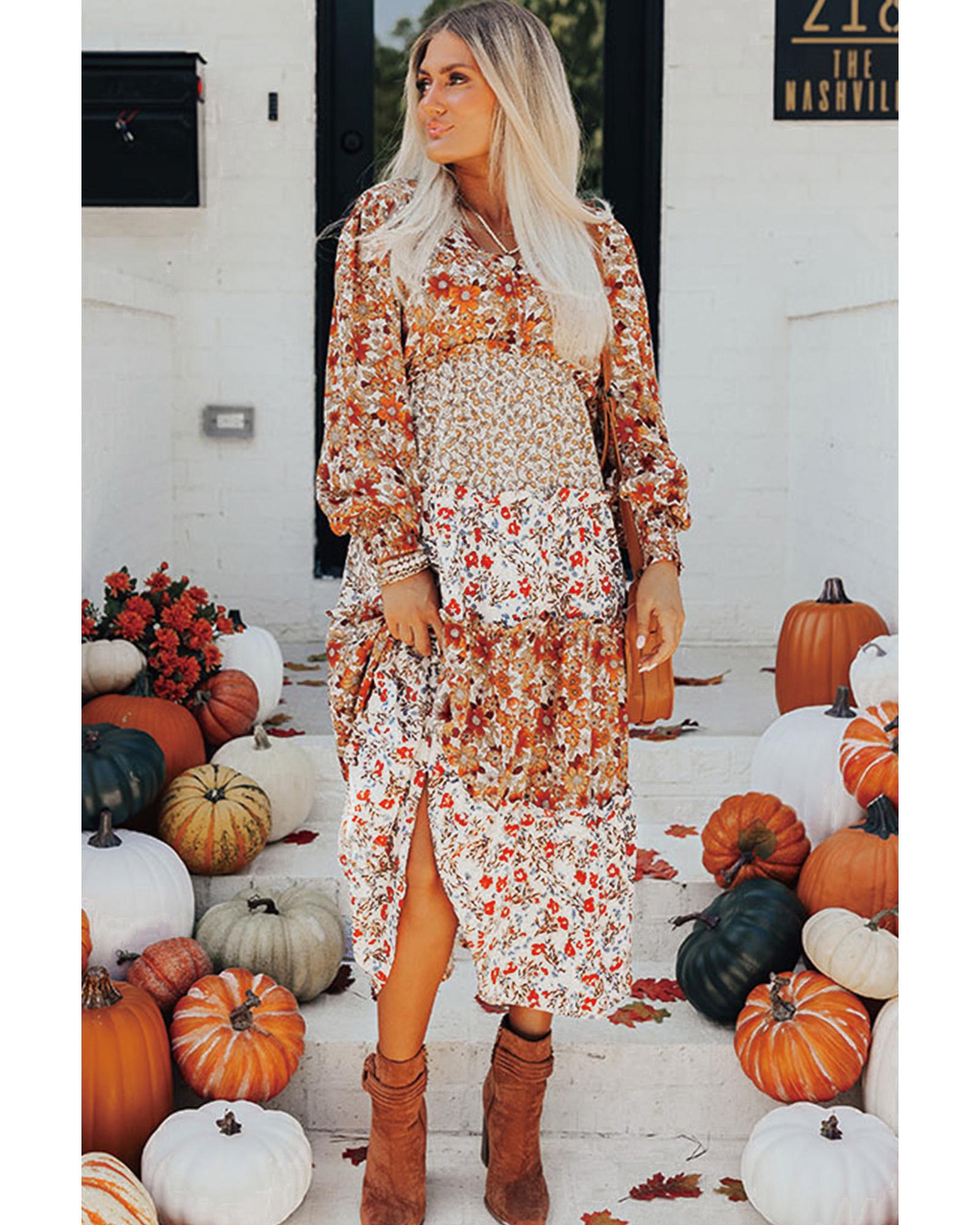 Khaki Floral Print Ruffled Tiered Long Sleeve V Neck Midi Dress - M