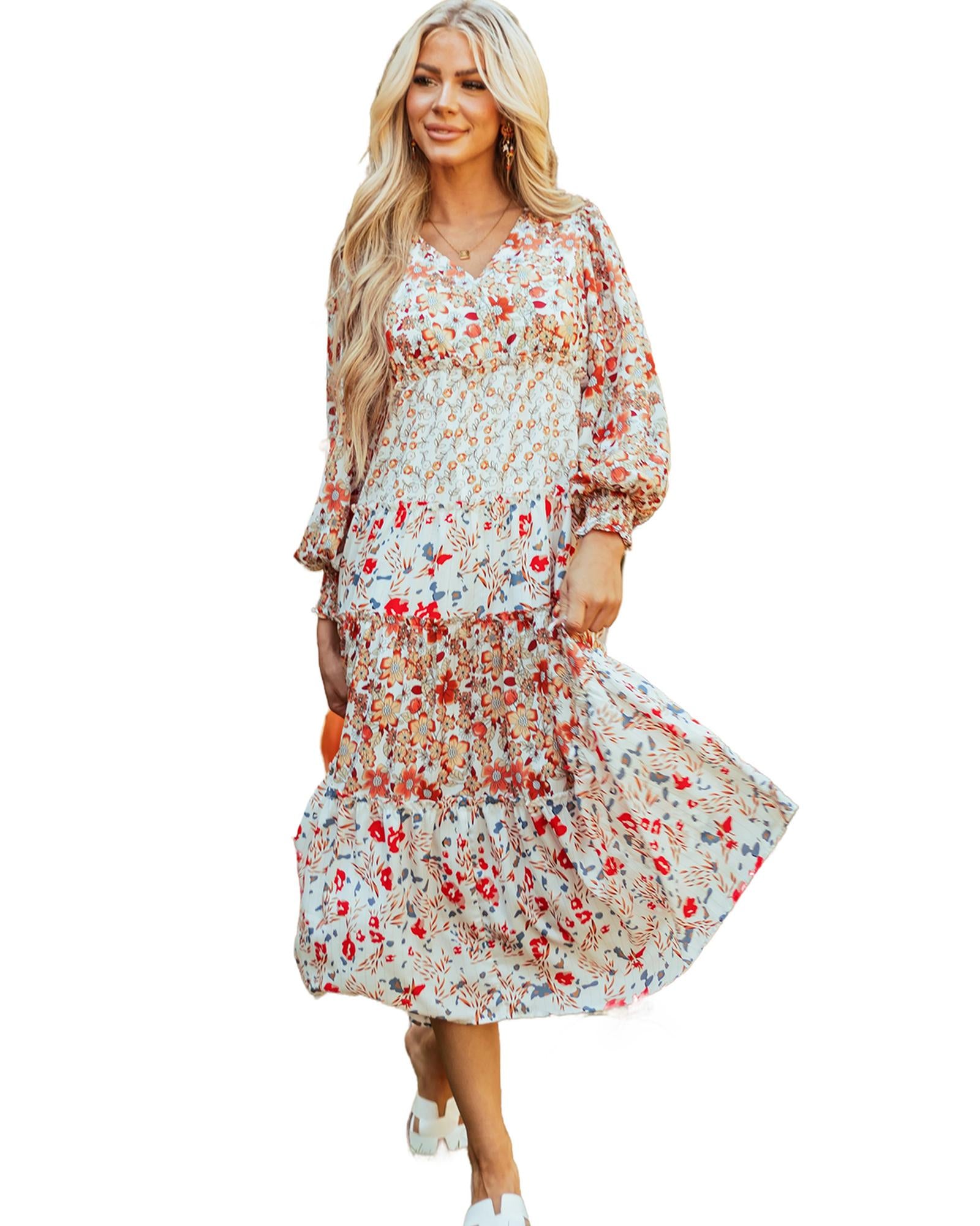 Khaki Floral Print Ruffled Tiered Long Sleeve V Neck Midi Dress - M