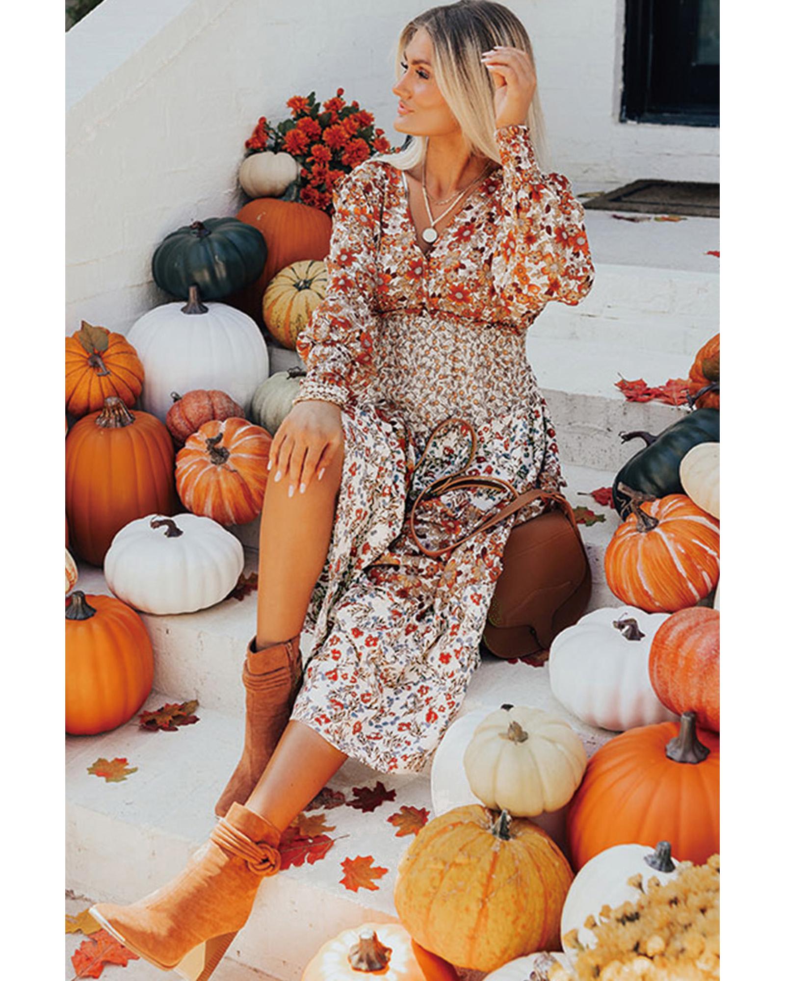 Khaki Floral Print Ruffled Tiered Long Sleeve V Neck Midi Dress - S