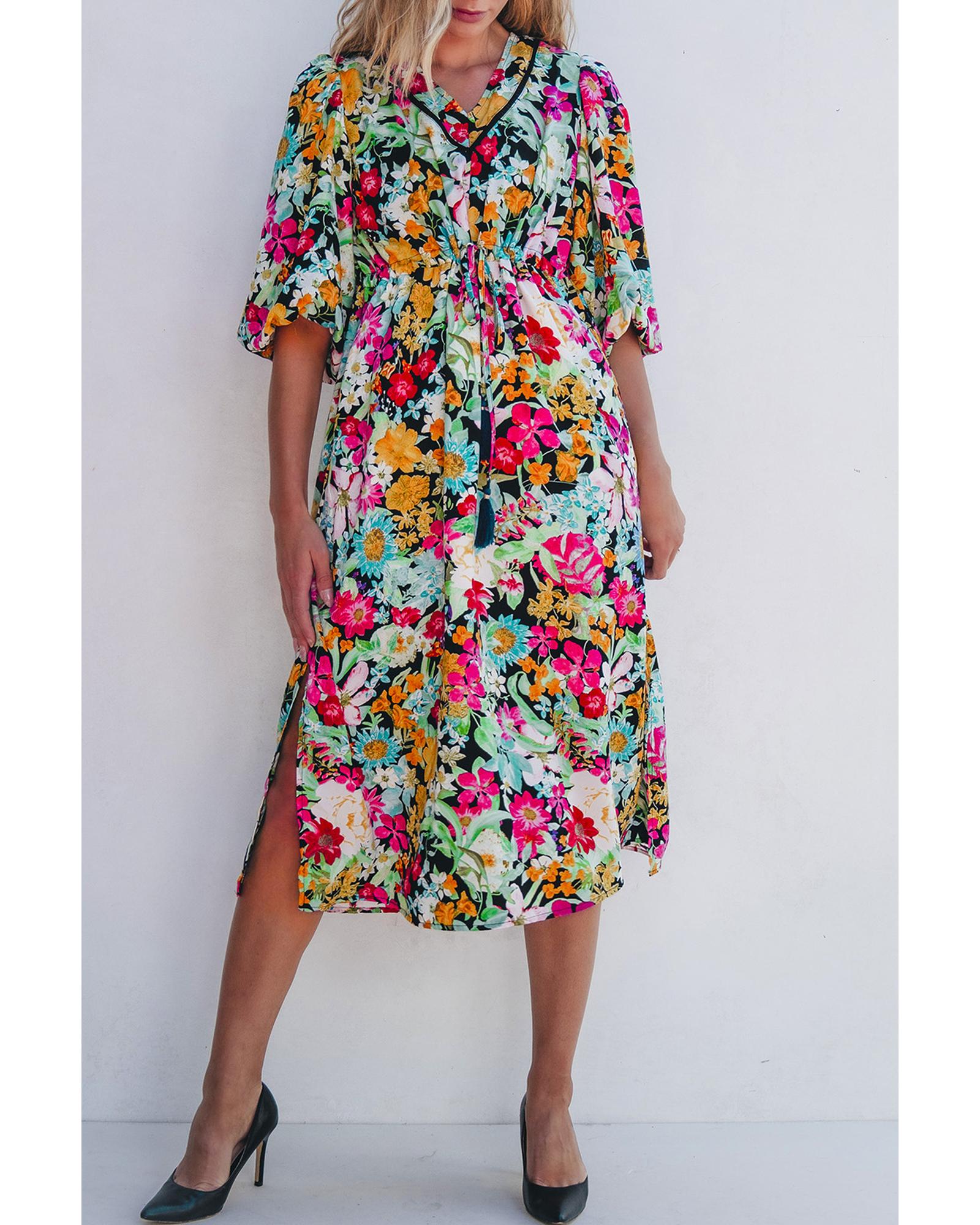 Green Floral Puff Sleeve V Neck Tassel Drawstring Dress - S