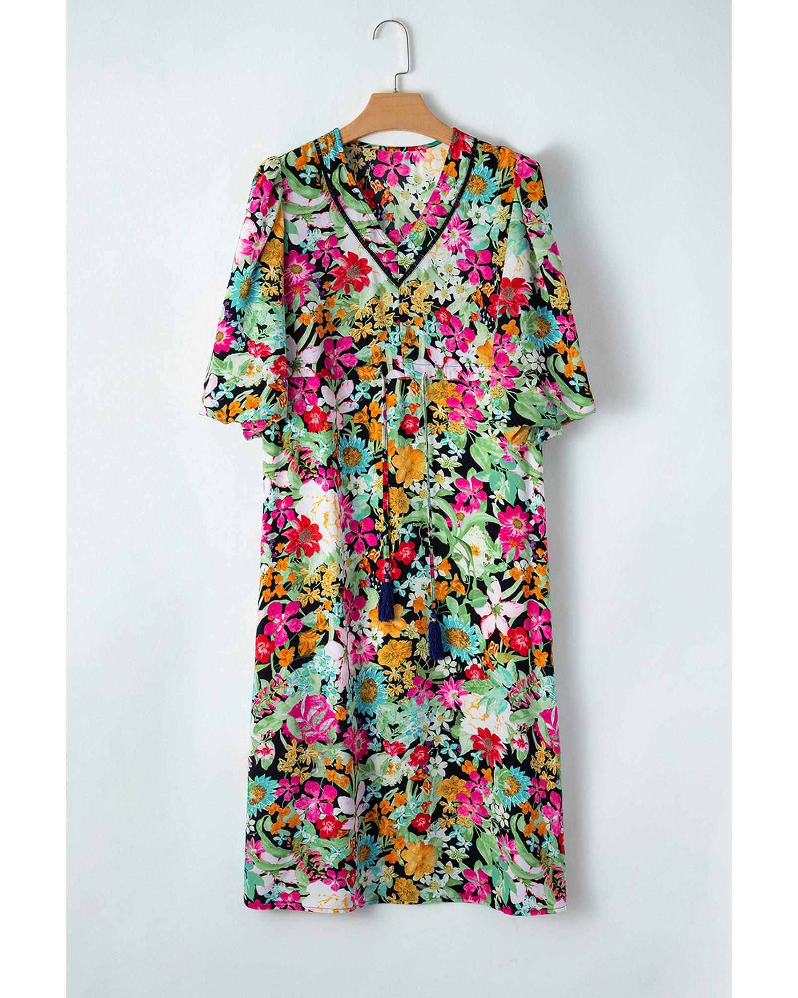 Green Floral Puff Sleeve V Neck Tassel Drawstring Dress - S