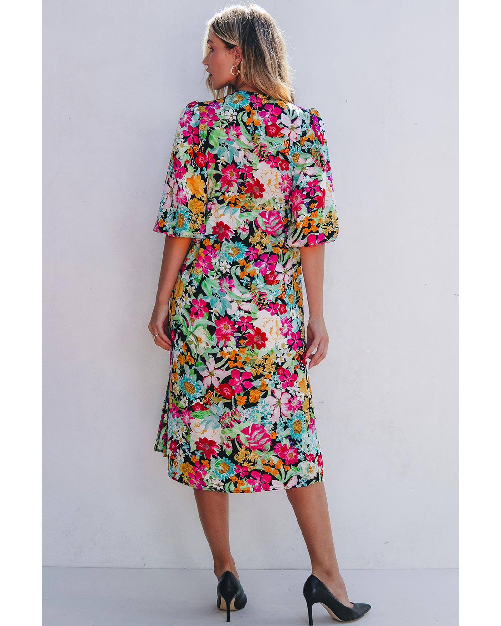 Green Floral Puff Sleeve V Neck Tassel Drawstring Dress - S