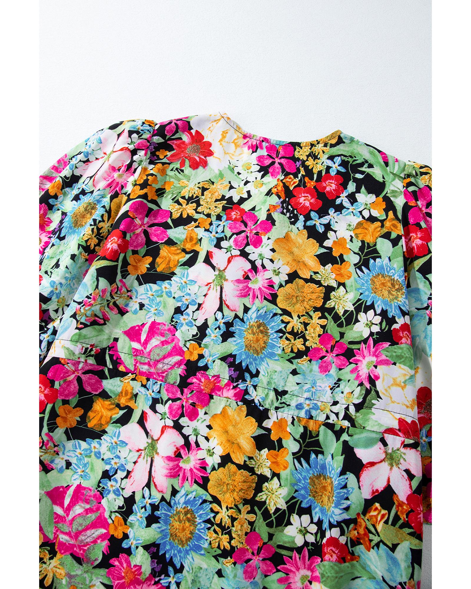 Green Floral Puff Sleeve V Neck Tassel Drawstring Dress - S