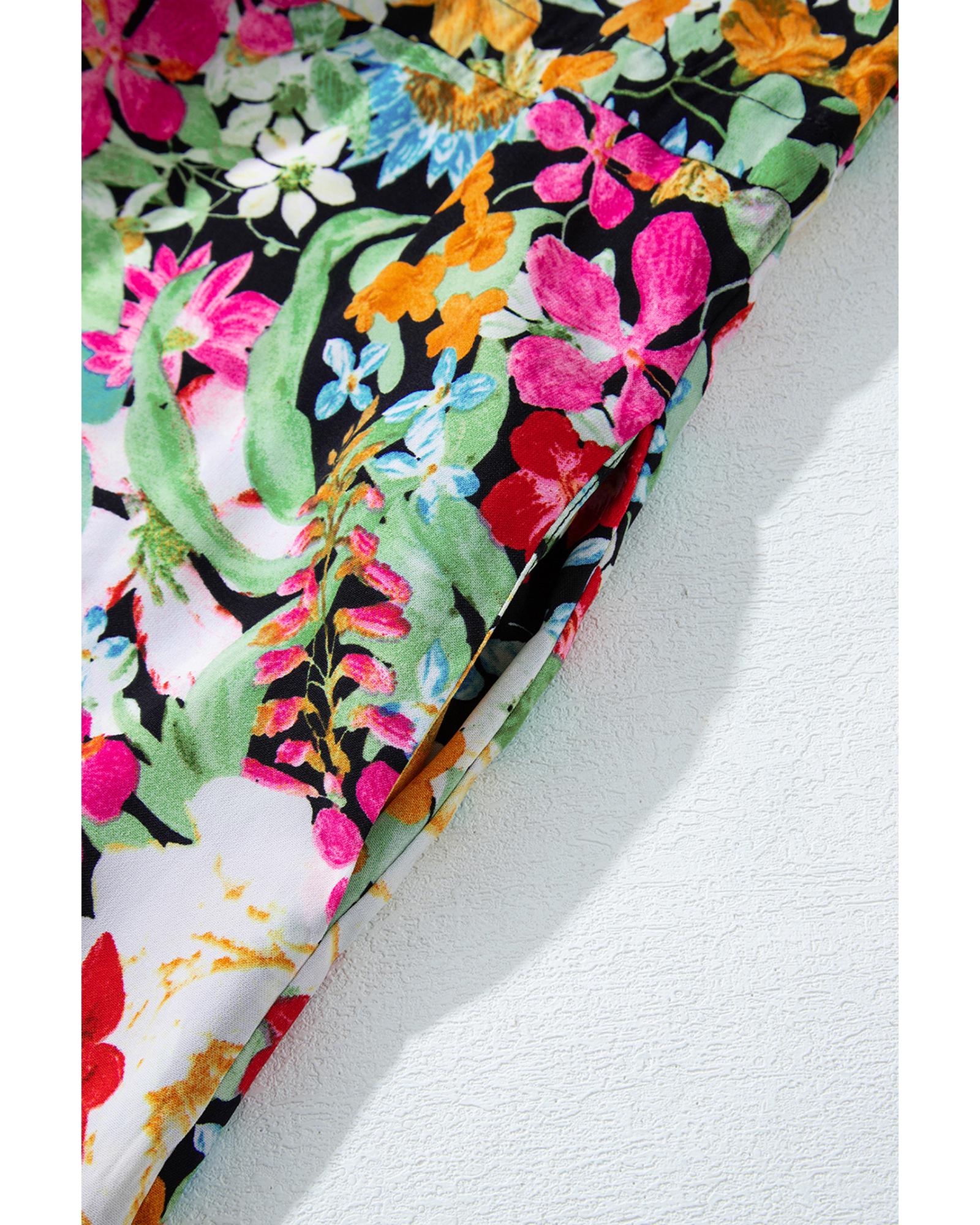 Green Floral Puff Sleeve V Neck Tassel Drawstring Dress - S