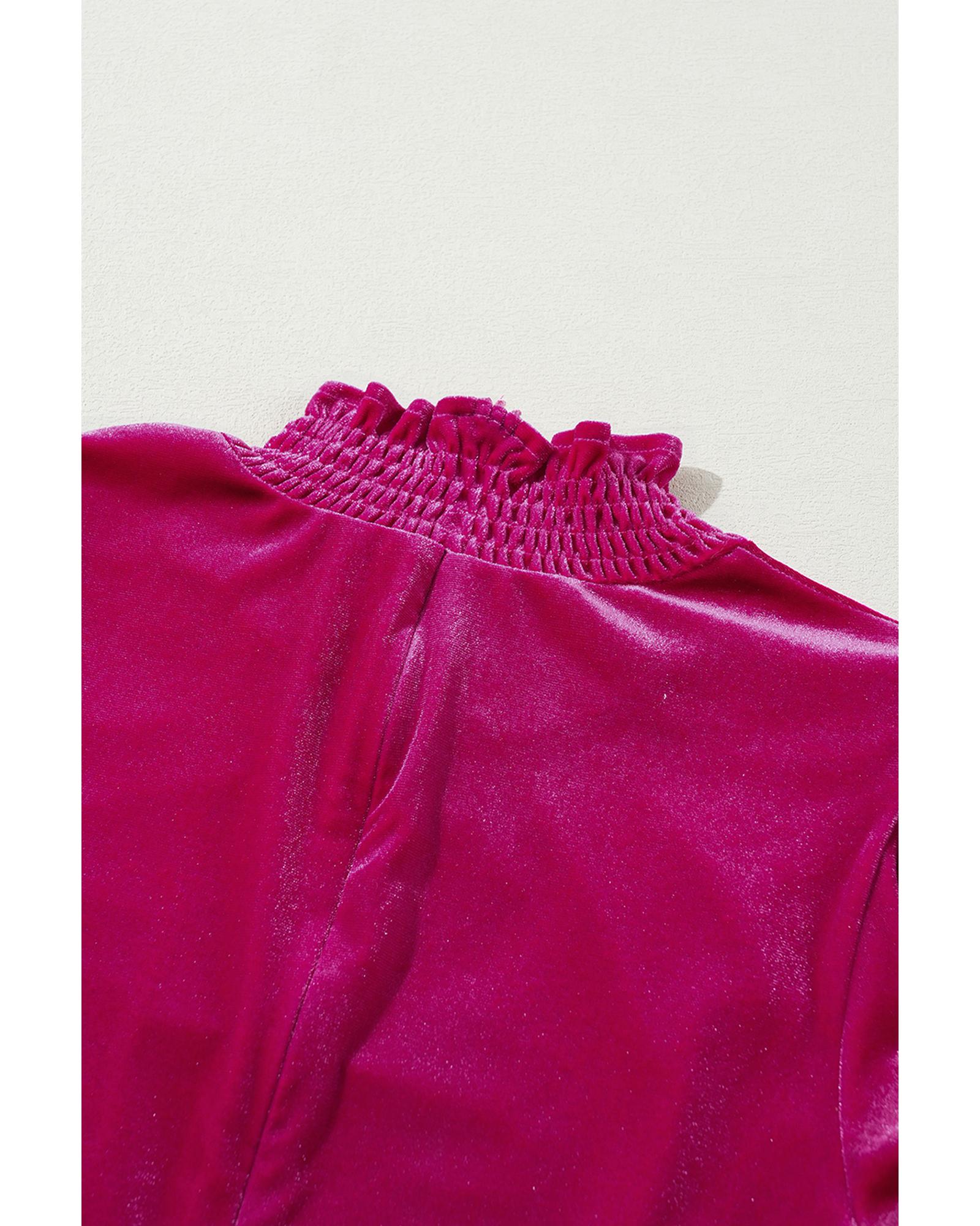 Rose Red Smocked Mock Neck Ruffled Puff Sleeve Velvet Mini Dress - XL