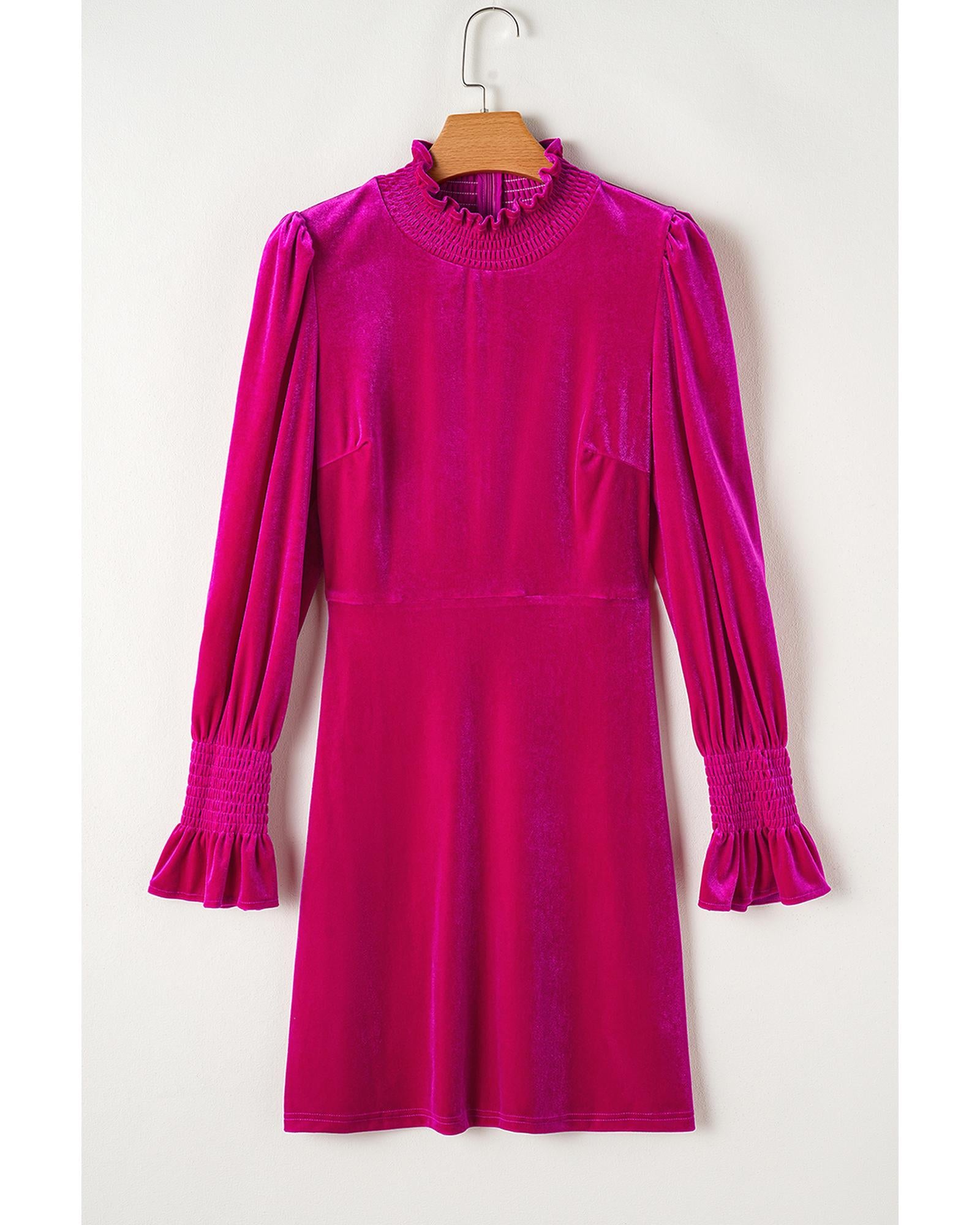 Rose Red Smocked Mock Neck Ruffled Puff Sleeve Velvet Mini Dress - XL
