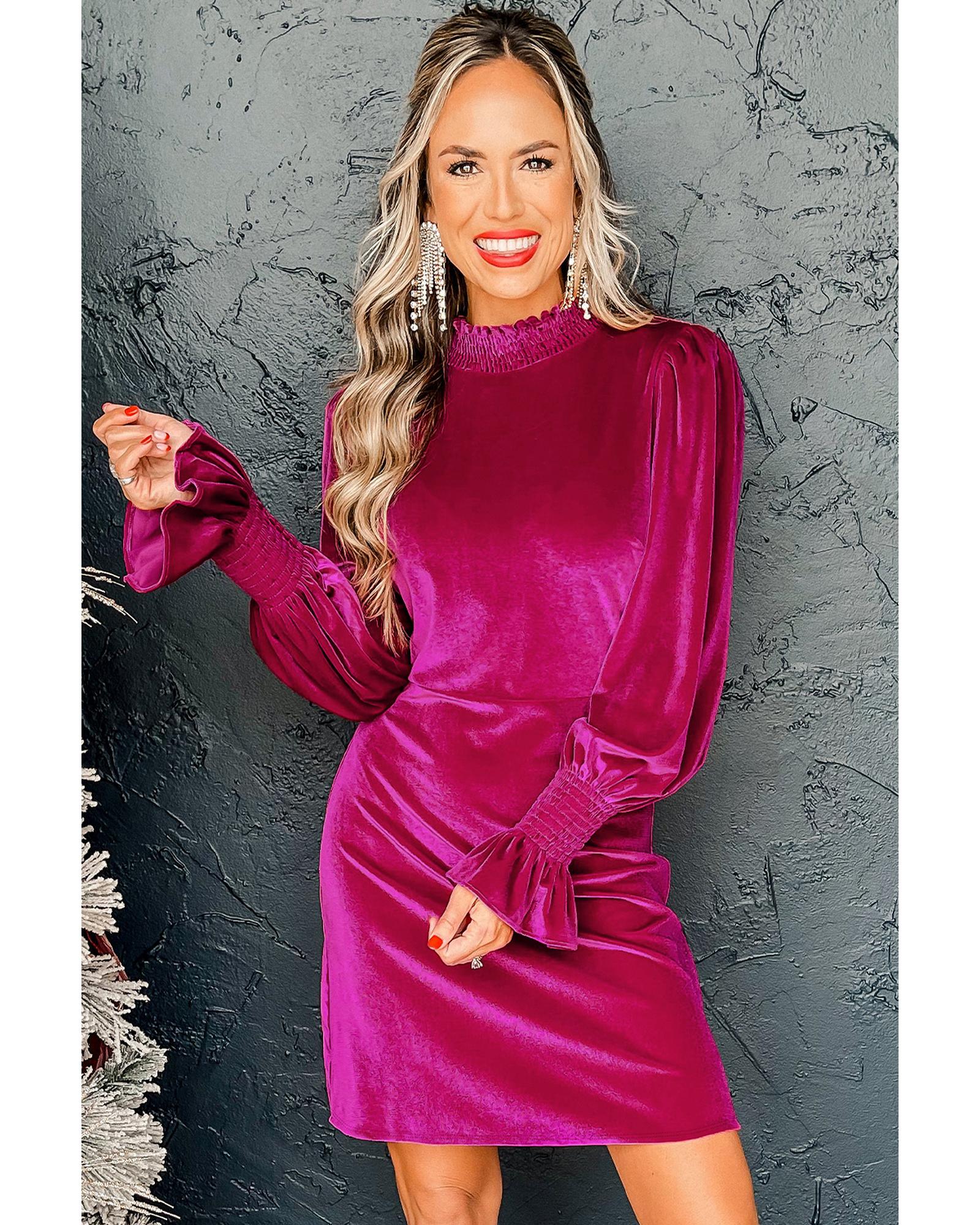 Rose Red Smocked Mock Neck Ruffled Puff Sleeve Velvet Mini Dress - XL
