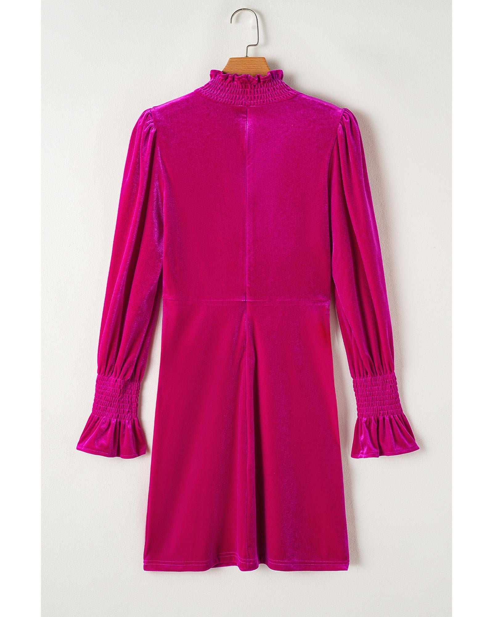 Rose Red Smocked Mock Neck Ruffled Puff Sleeve Velvet Mini Dress - XL