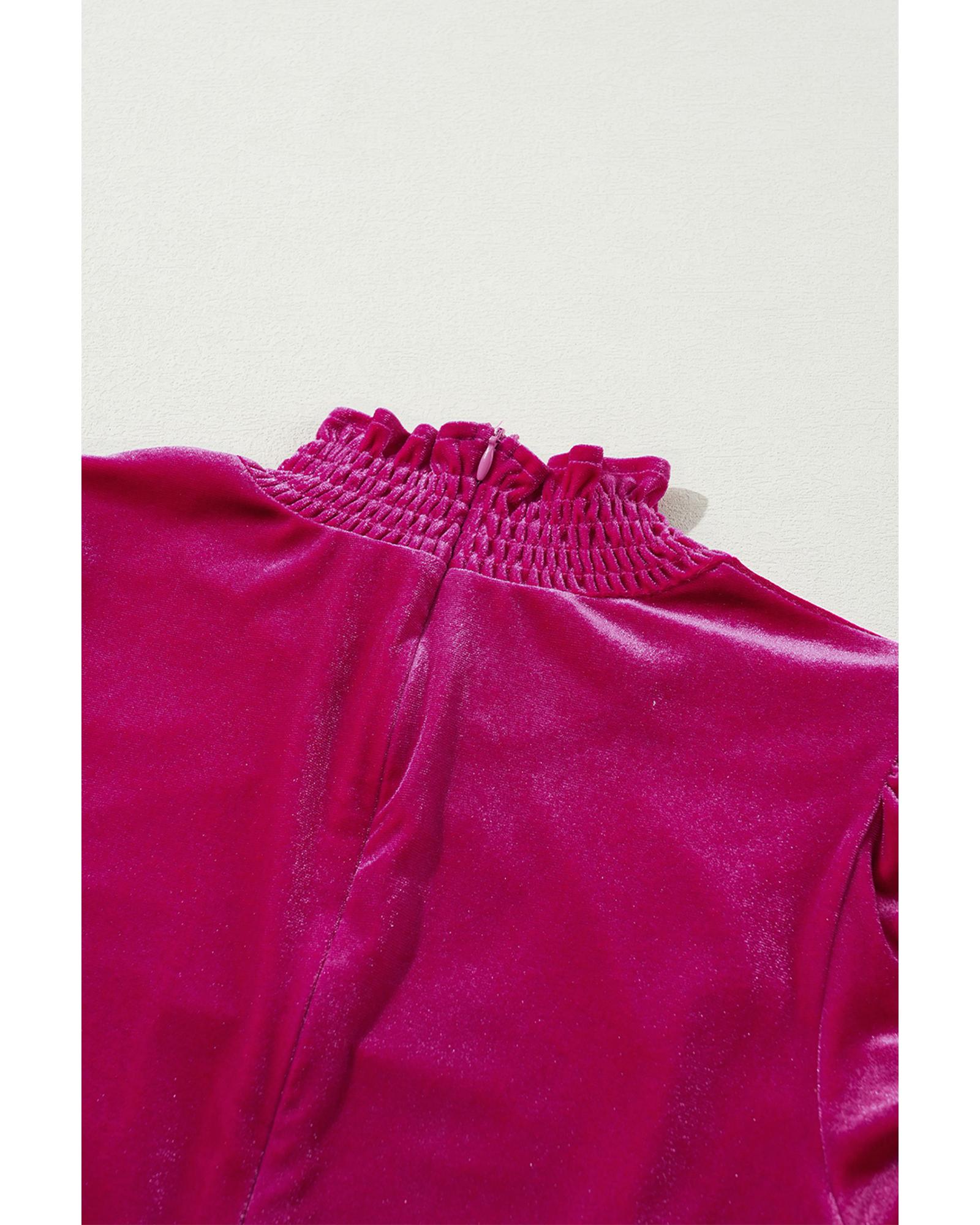Rose Red Smocked Mock Neck Ruffled Puff Sleeve Velvet Mini Dress - XL