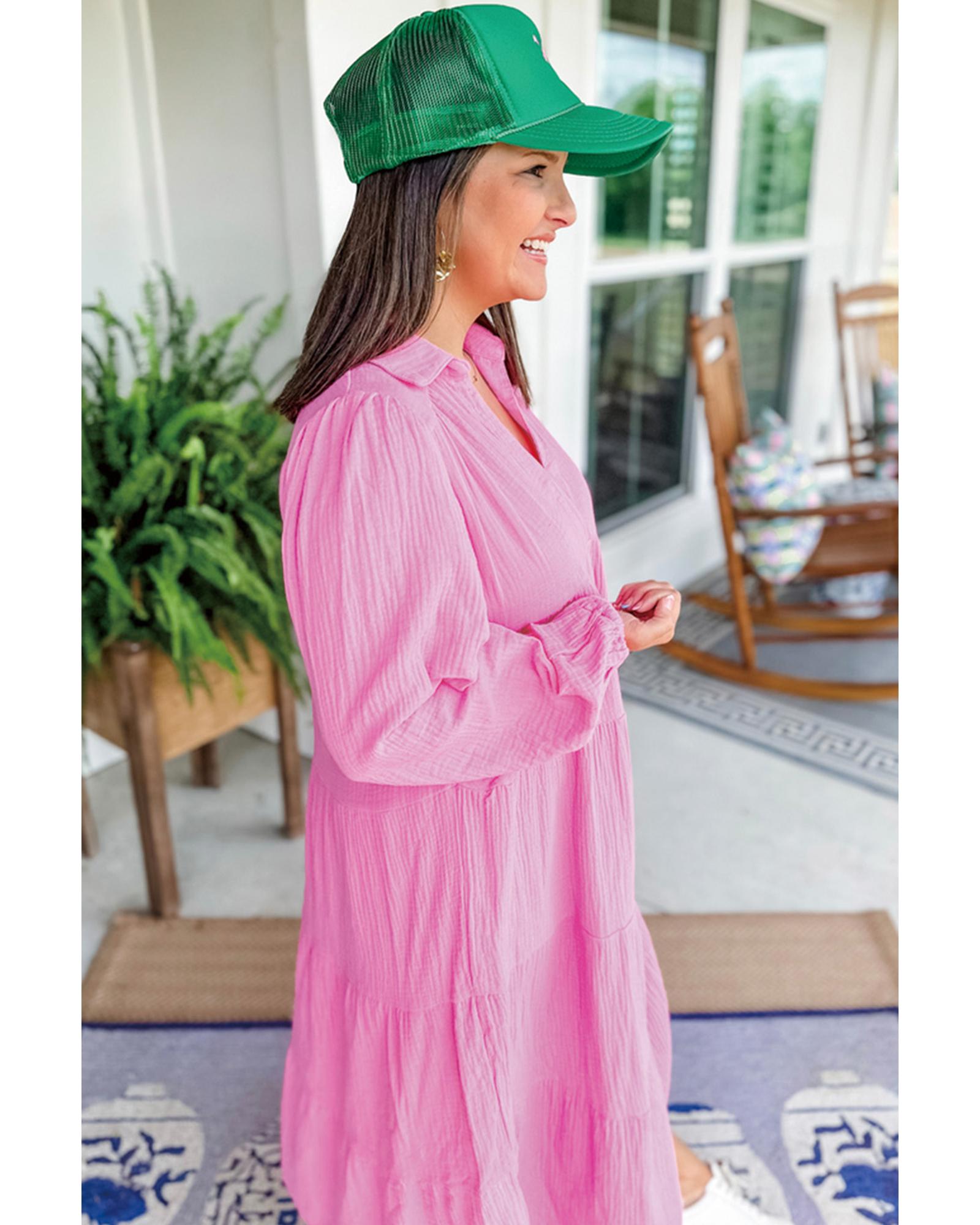 Bonbon Solid Collared V Neck Tiered Loose Fit Midi Dress - M