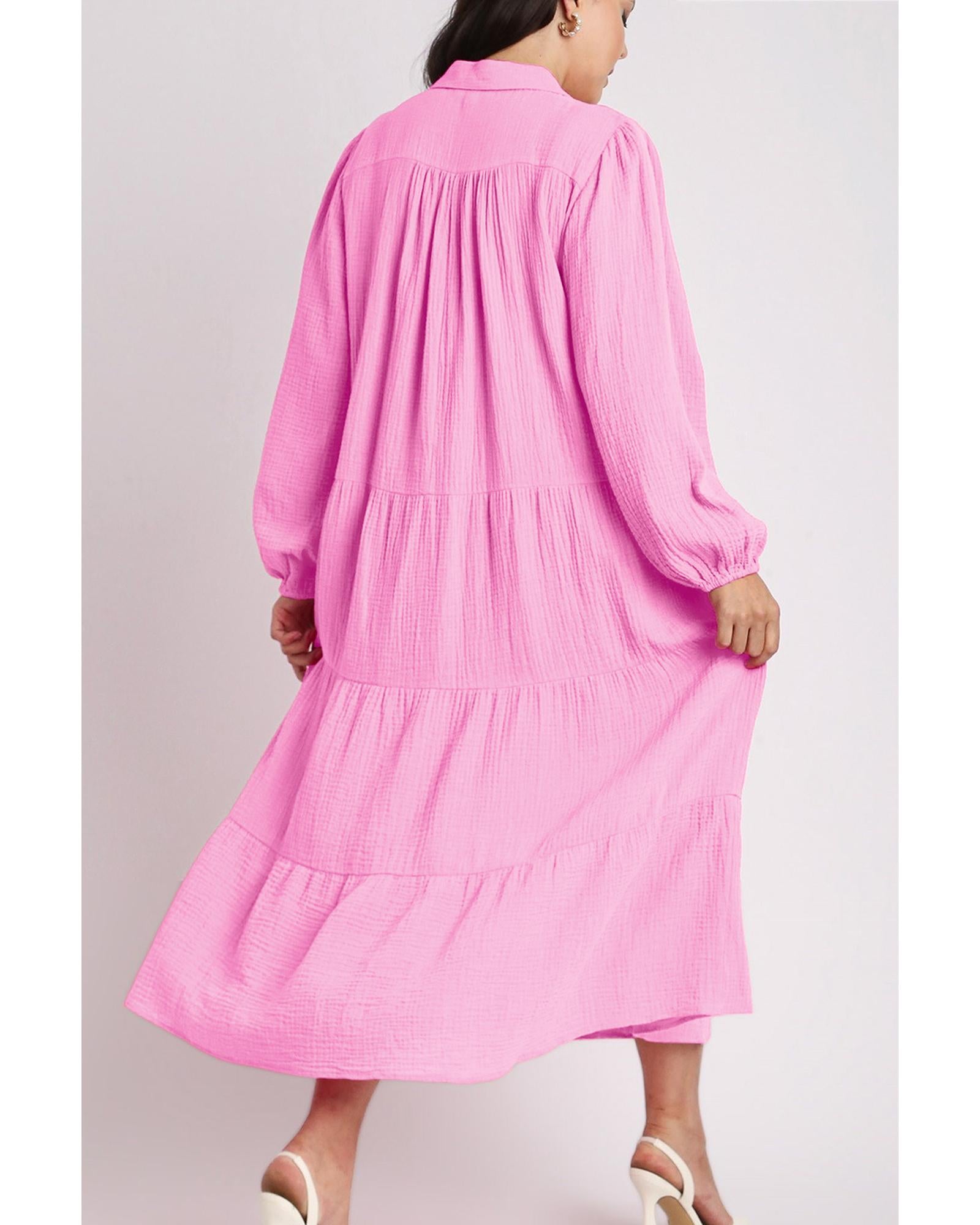 Bonbon Solid Collared V Neck Tiered Loose Fit Midi Dress - M