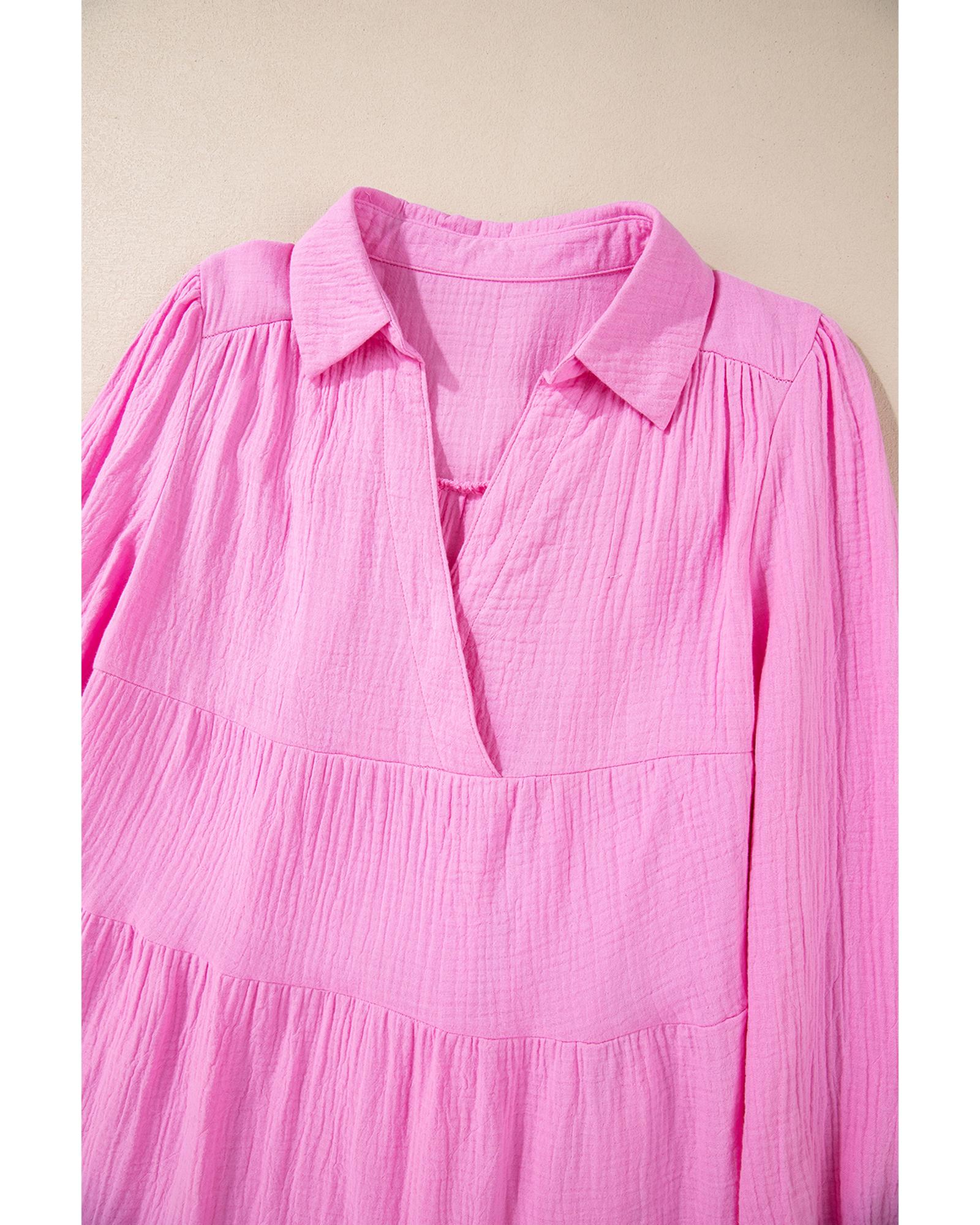 Bonbon Solid Collared V Neck Tiered Loose Fit Midi Dress - S