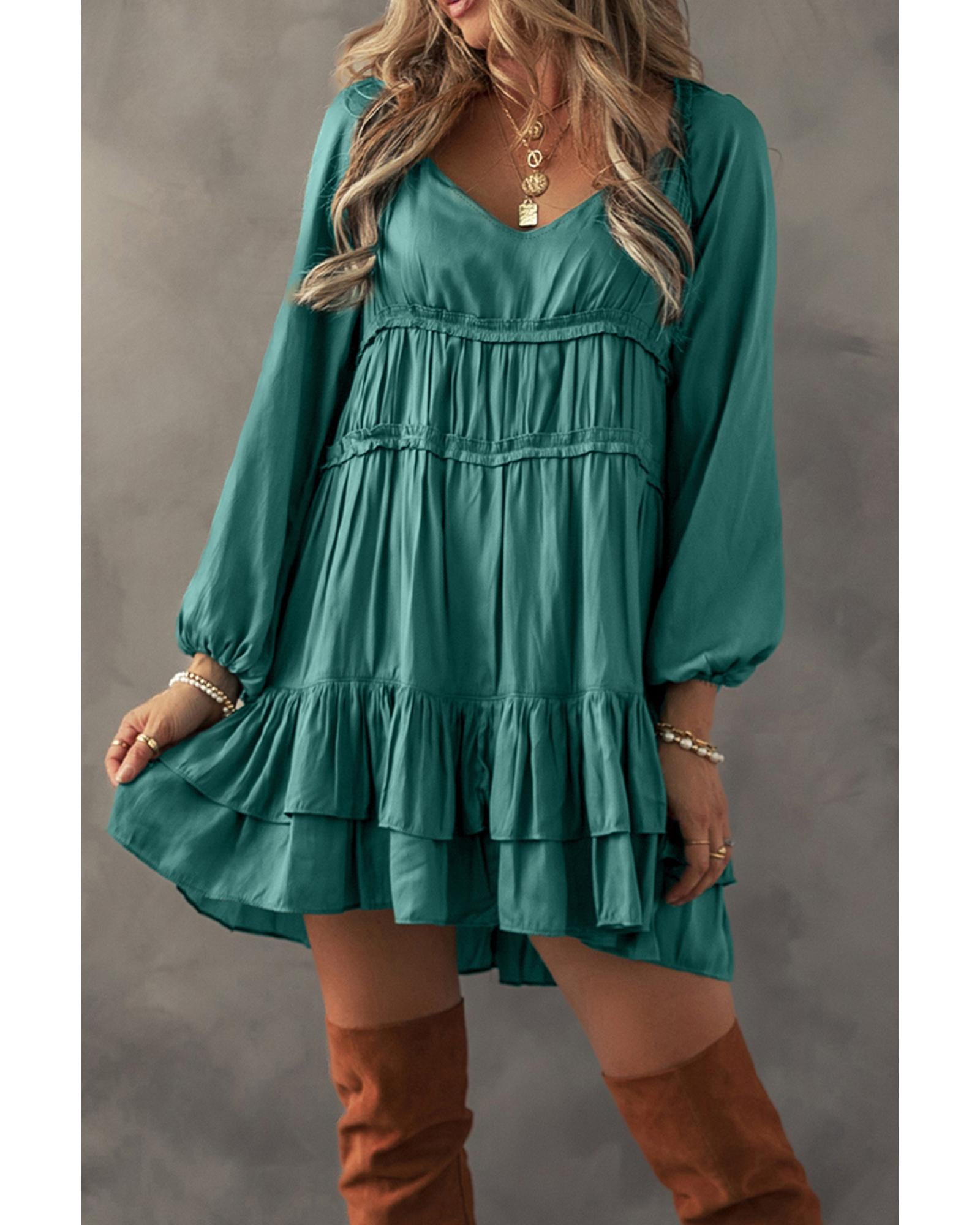Mist Green Tiered Ruffled Puff Sleeve Loose Fit Mini Dress - S