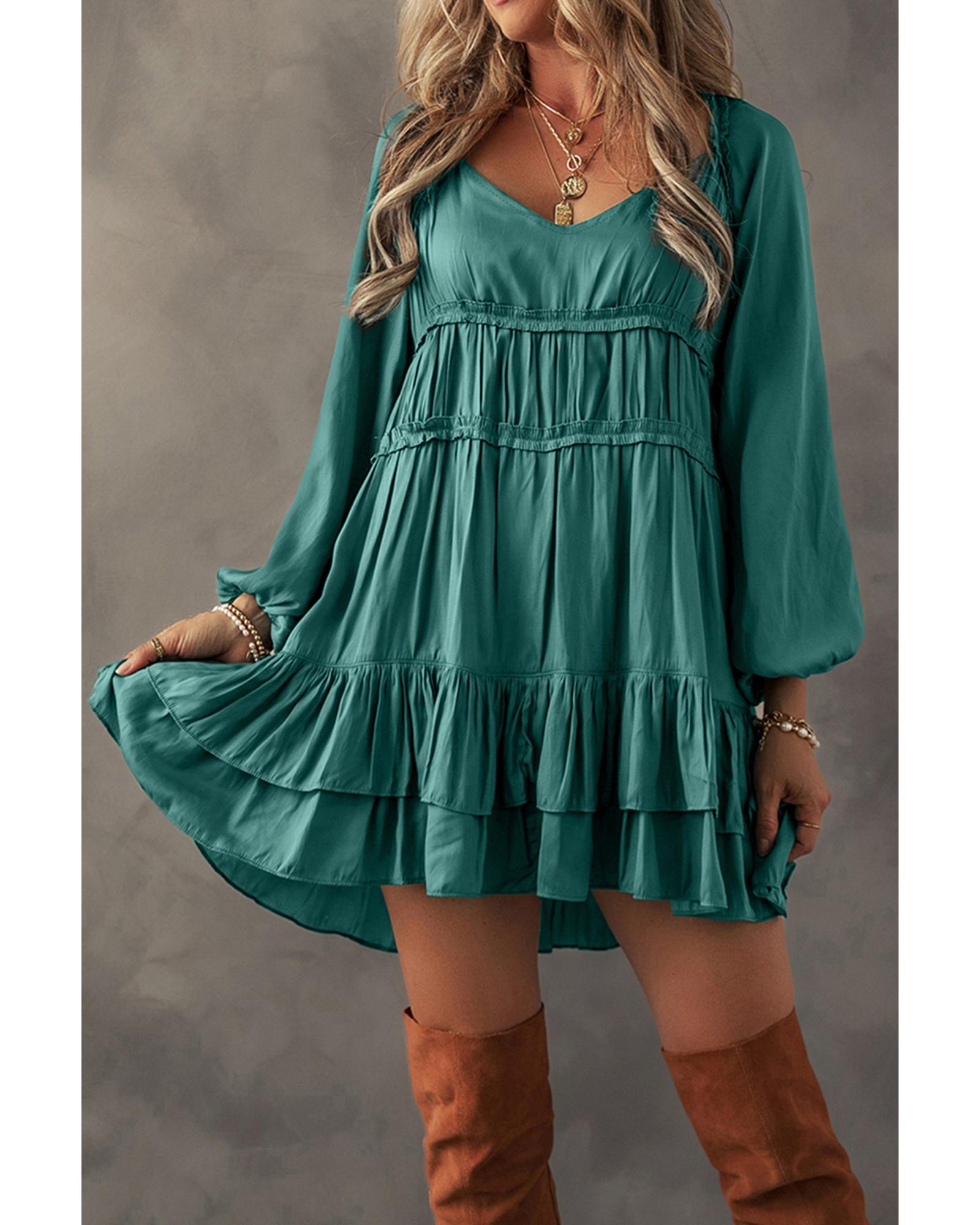 Mist Green Tiered Ruffled Puff Sleeve Loose Fit Mini Dress - XL