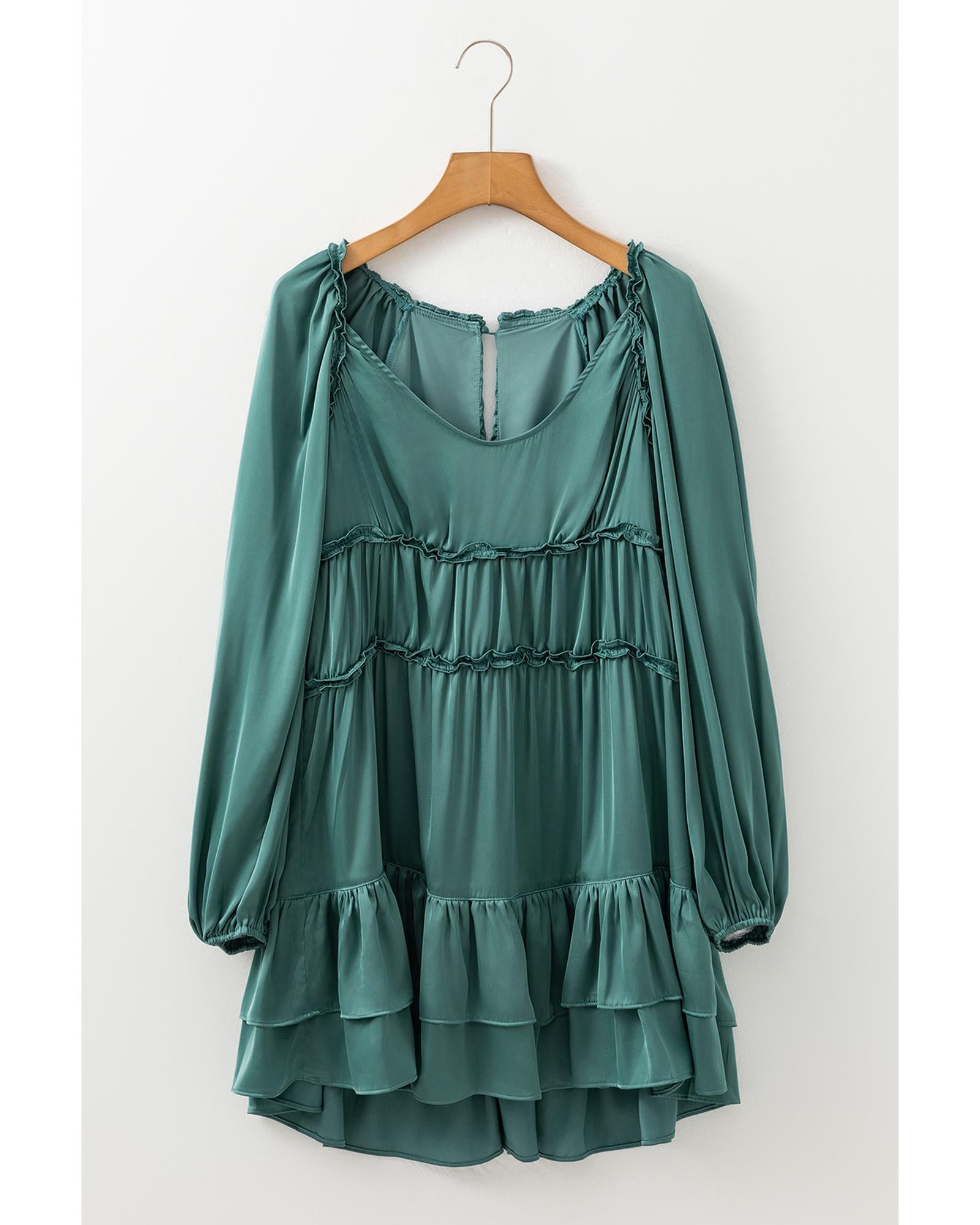 Mist Green Tiered Ruffled Puff Sleeve Loose Fit Mini Dress - XL