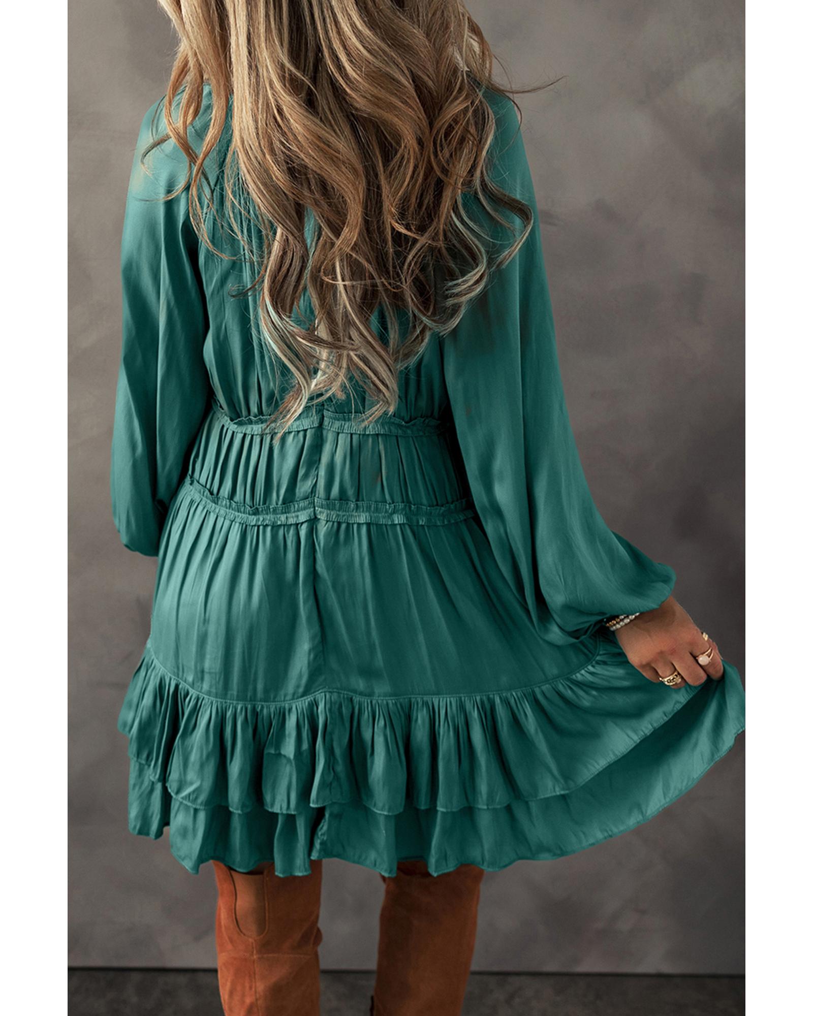 Mist Green Tiered Ruffled Puff Sleeve Loose Fit Mini Dress - XL