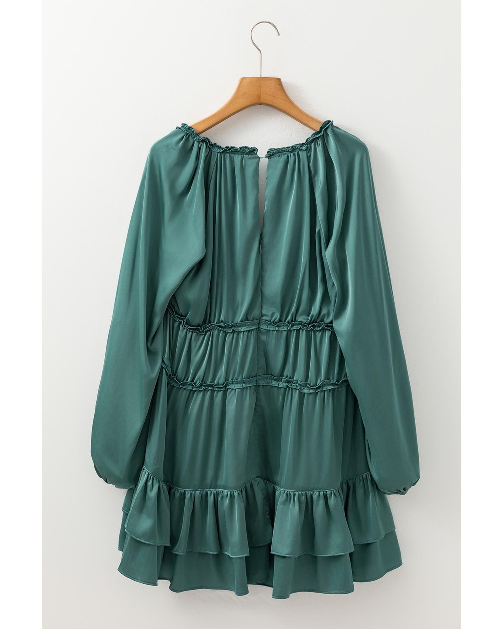 Mist Green Tiered Ruffled Puff Sleeve Loose Fit Mini Dress - XL