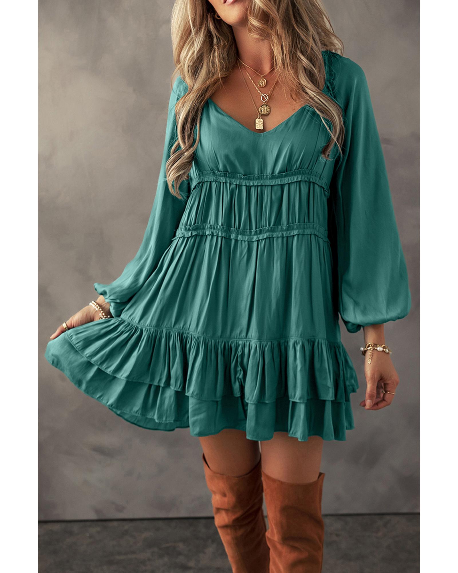 Mist Green Tiered Ruffled Puff Sleeve Loose Fit Mini Dress - XL