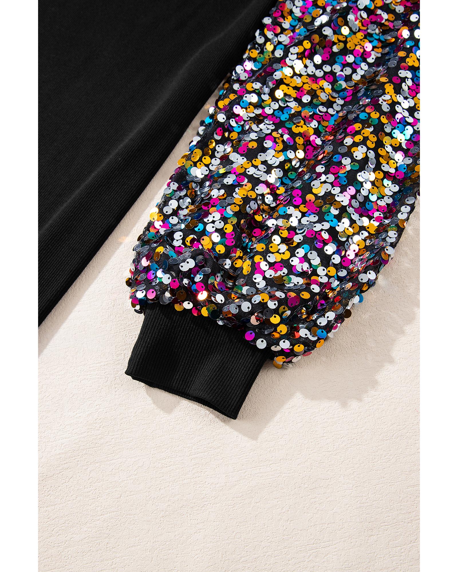 Black Sequin Bishop Sleeve U Neck Mini Sweater Dress - M