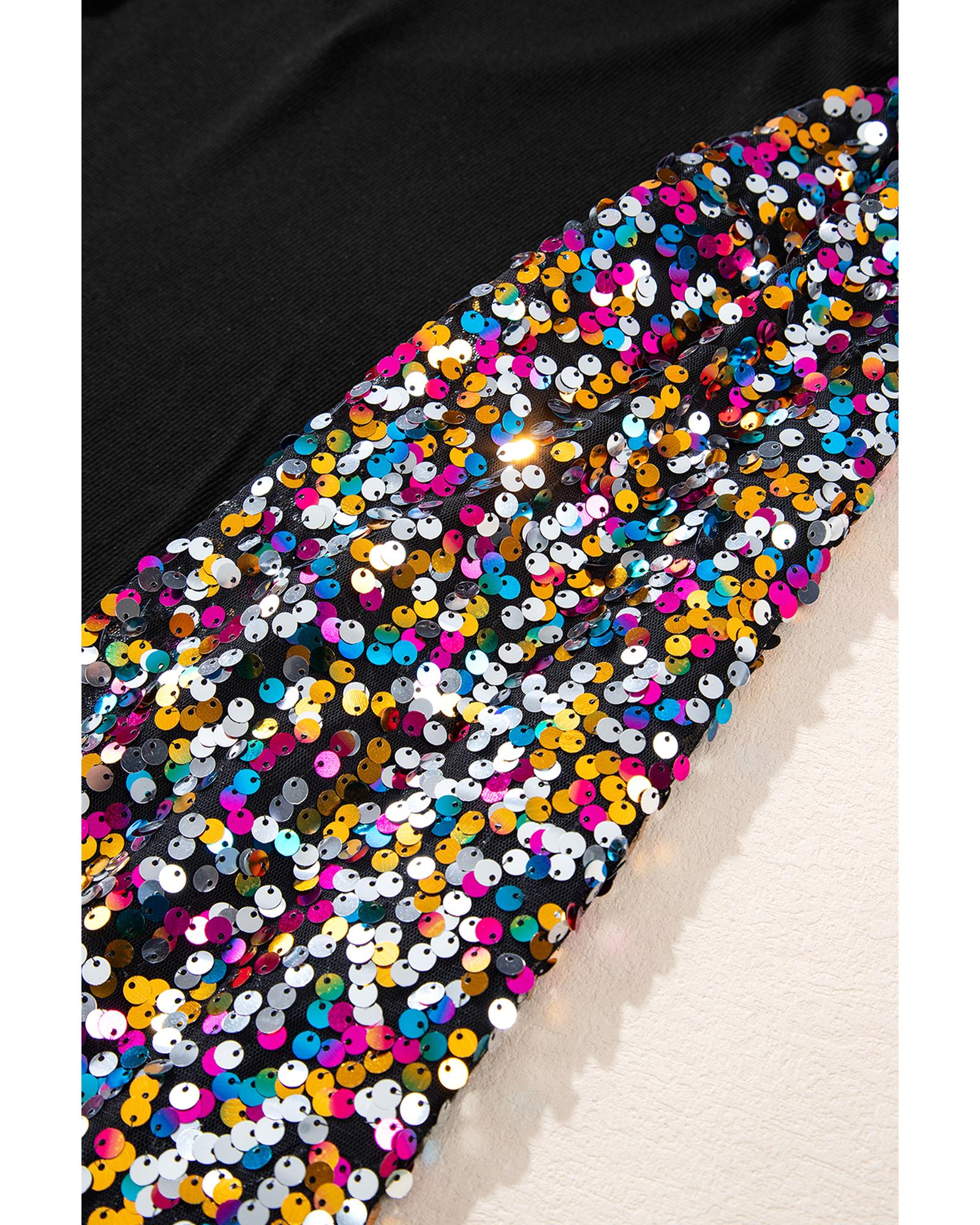Black Sequin Bishop Sleeve U Neck Mini Sweater Dress - M