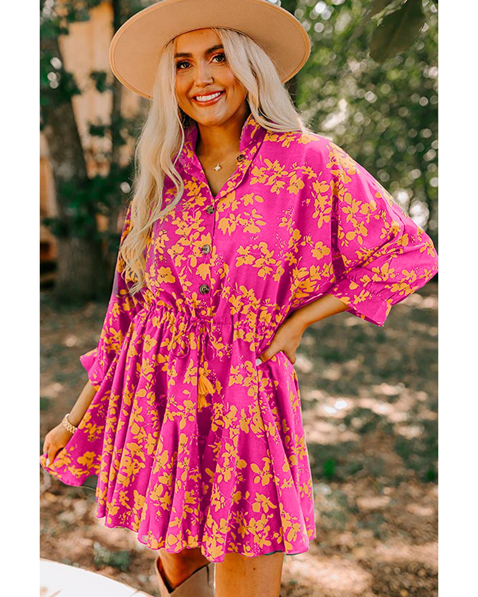 Pink Floral Print Drawstring Tunic Flowy Short Dress - L