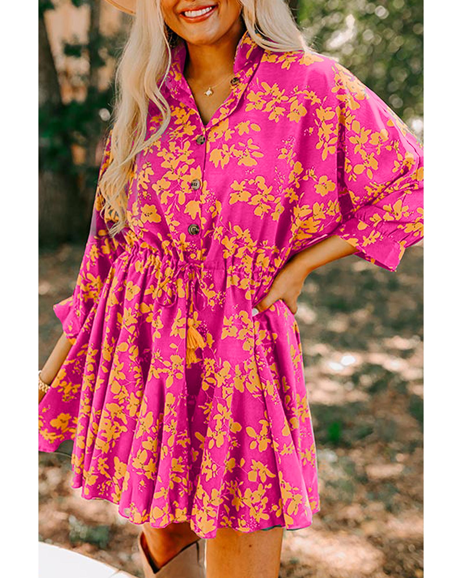 Pink Floral Print Drawstring Tunic Flowy Short Dress - L