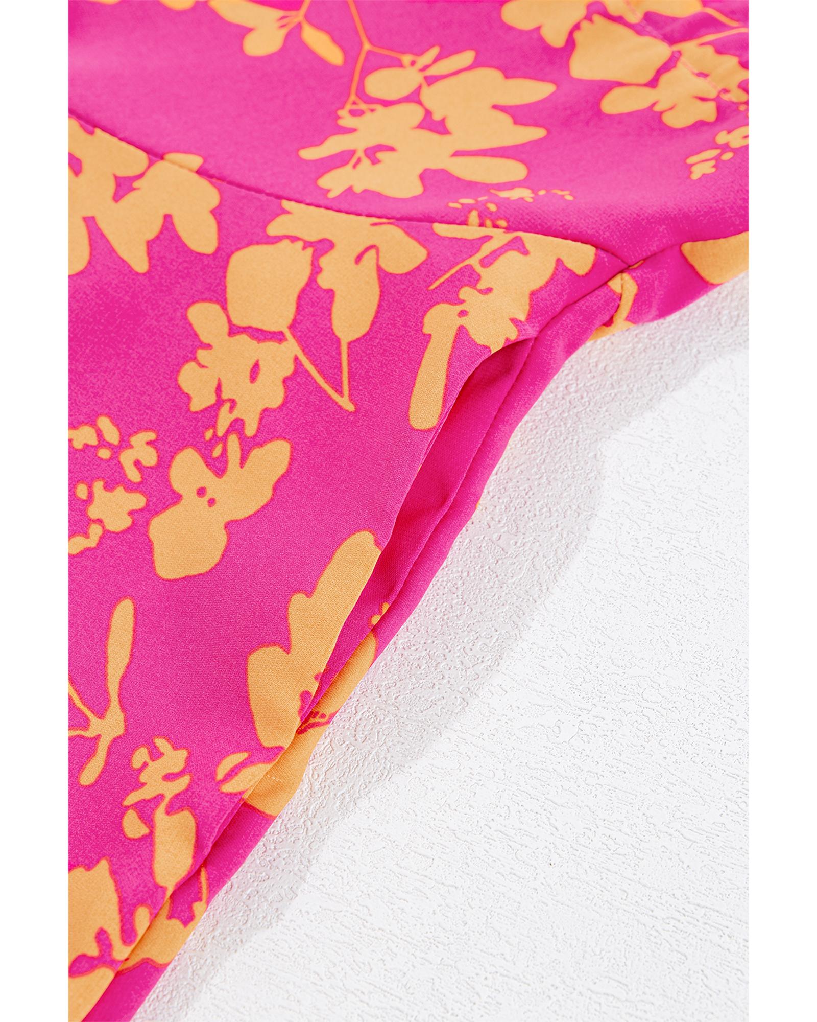 Pink Floral Print Drawstring Tunic Flowy Short Dress - L