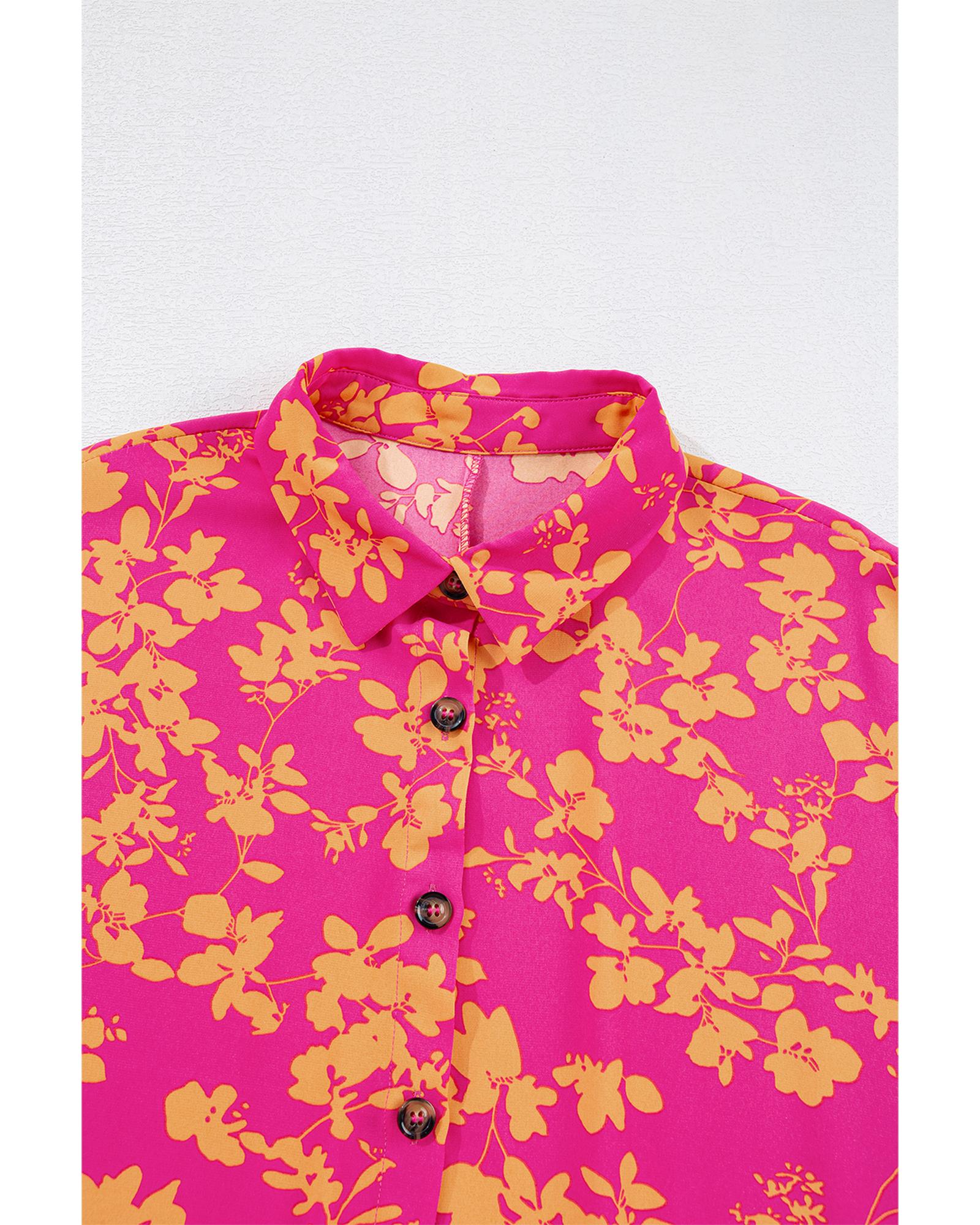 Pink Floral Print Drawstring Tunic Flowy Short Dress - L
