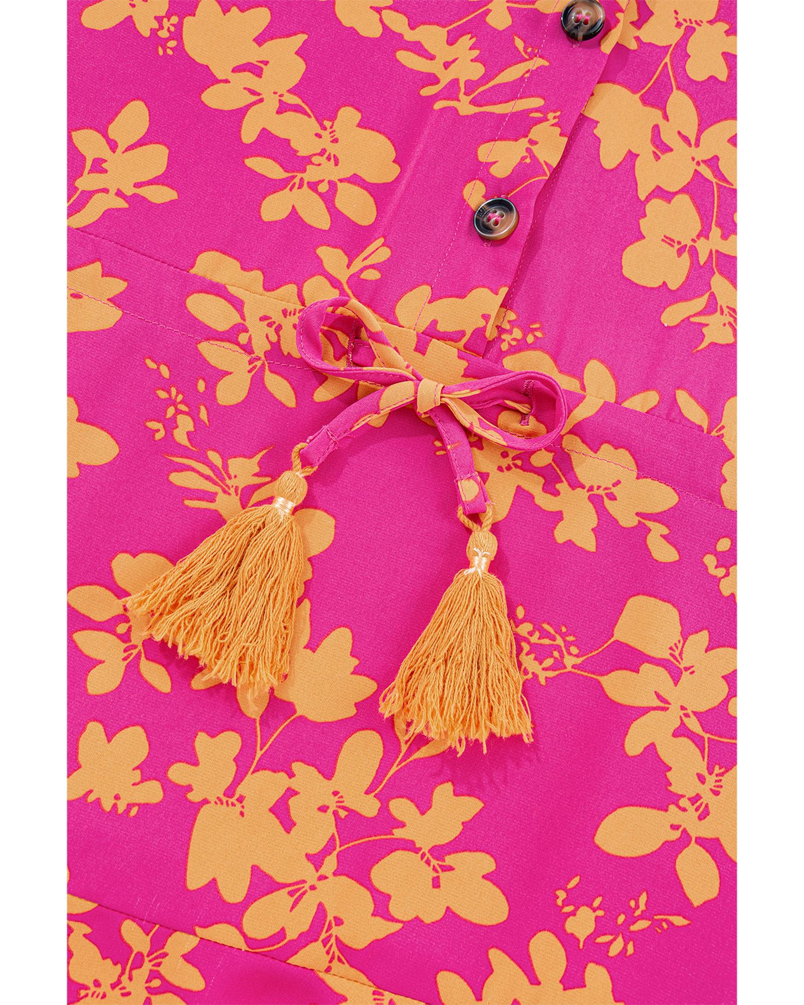 Pink Floral Print Drawstring Tunic Flowy Short Dress - M