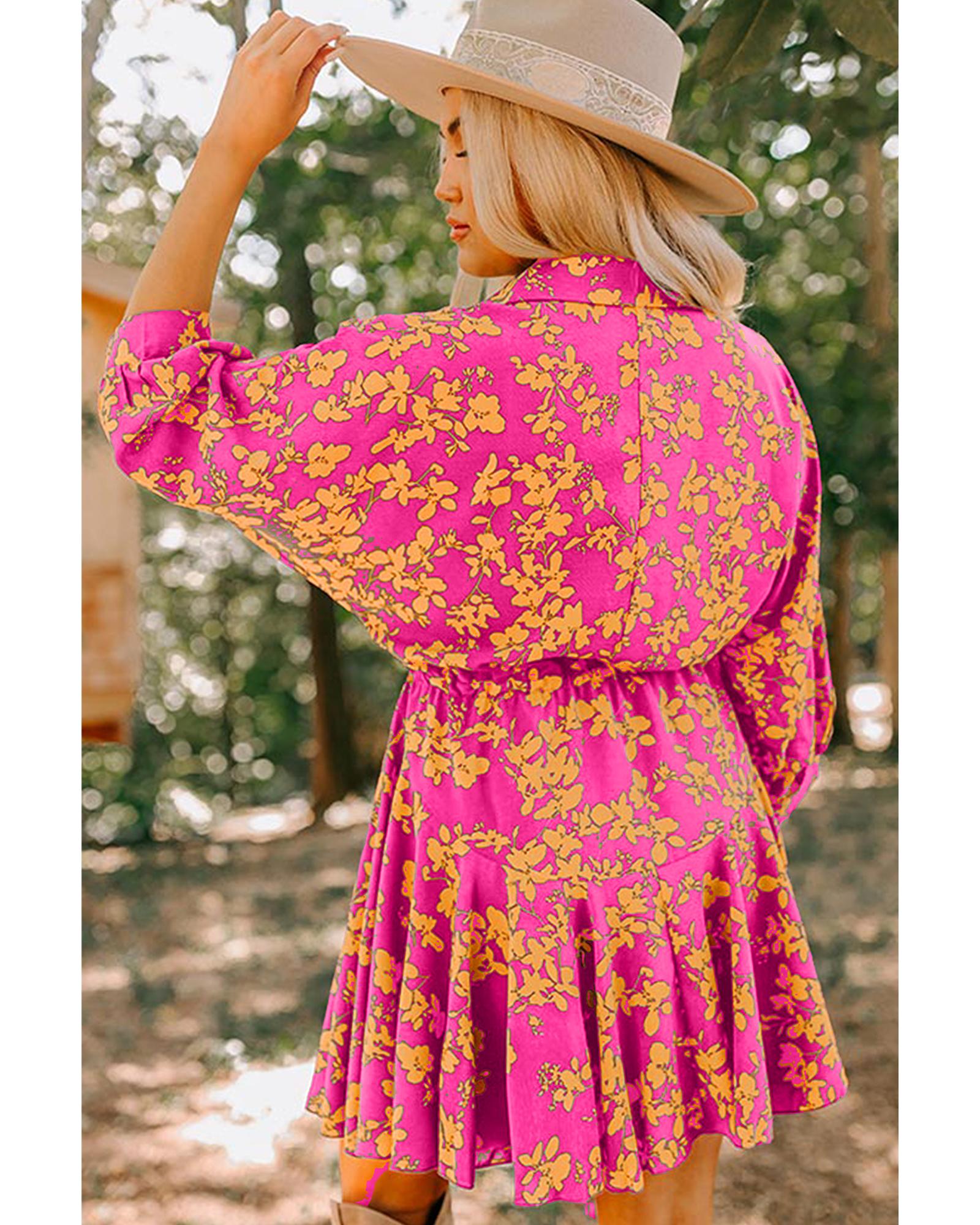 Pink Floral Print Drawstring Tunic Flowy Short Dress - M