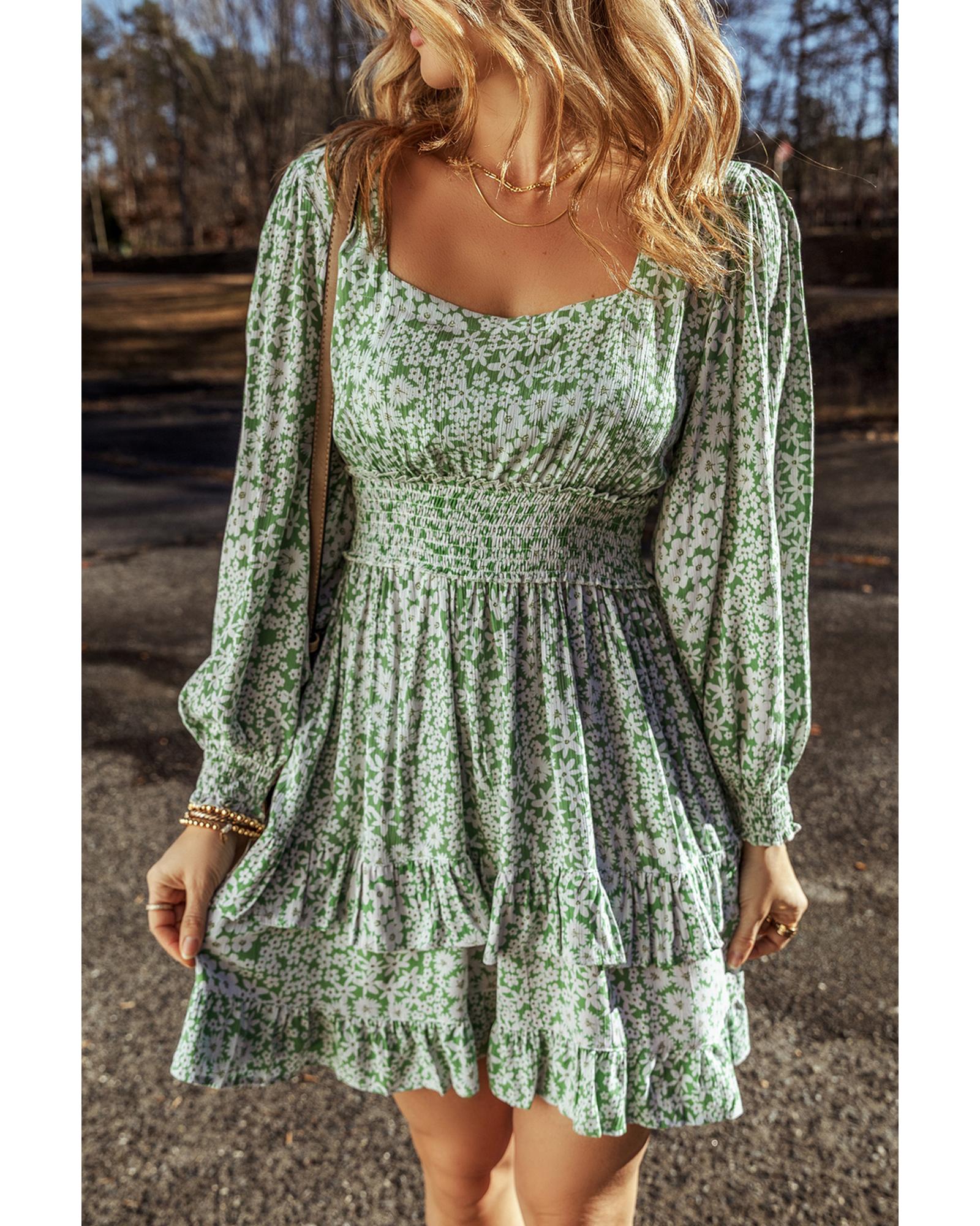 Green Floral Print Square Neck Shirred Waist Tiered Ruffled Mini Dress - M