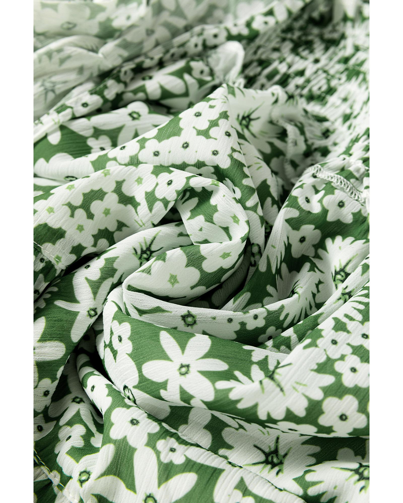 Green Floral Print Square Neck Shirred Waist Tiered Ruffled Mini Dress - M