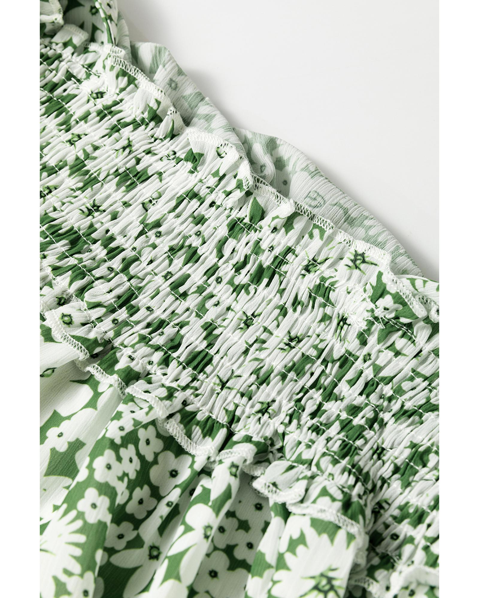 Green Floral Print Square Neck Shirred Waist Tiered Ruffled Mini Dress - M